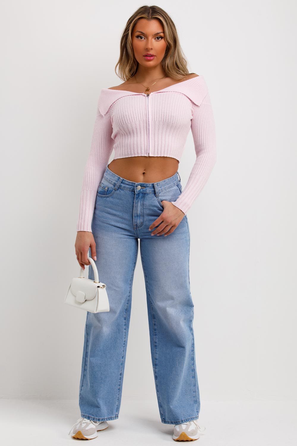 off shoulder jumper with zip front