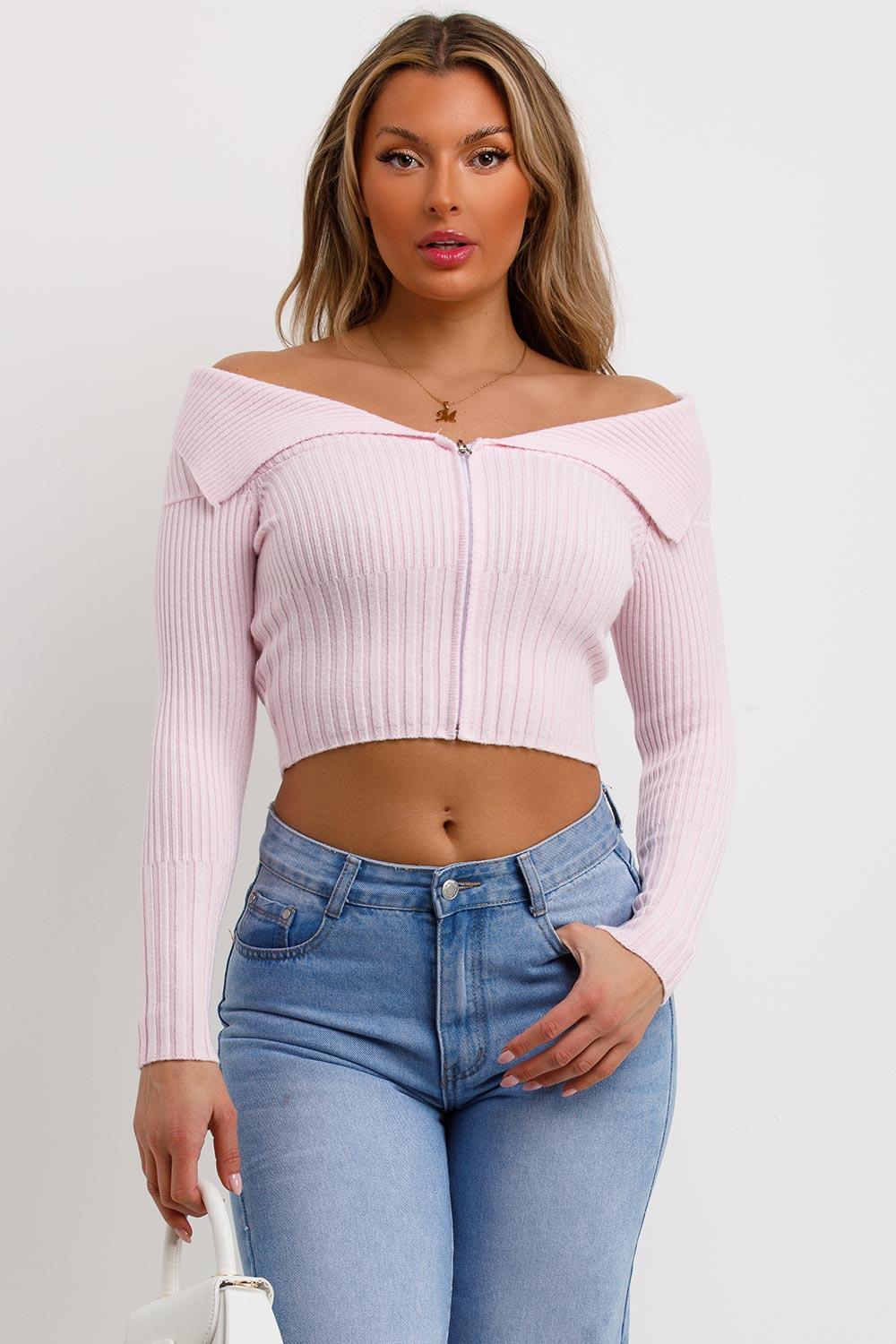 pink off shoulder jumper with zip front