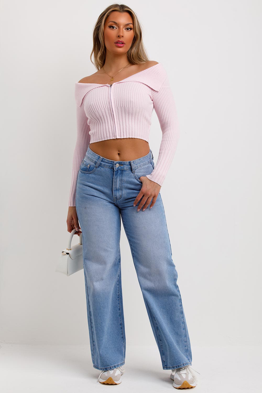 zip front off shoulder jumper