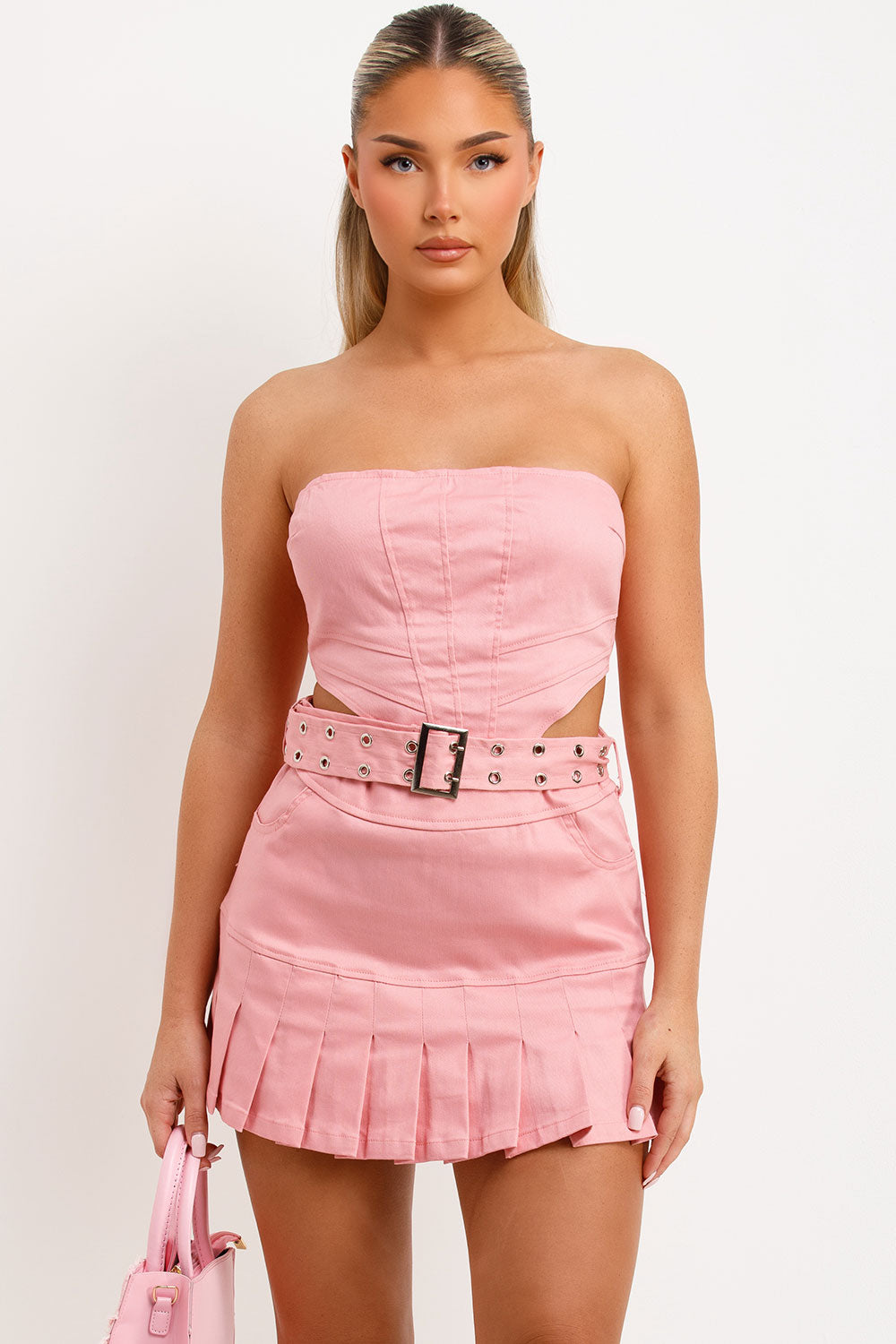 bandeau corset crop top and pleated mini skirt co ord set pink