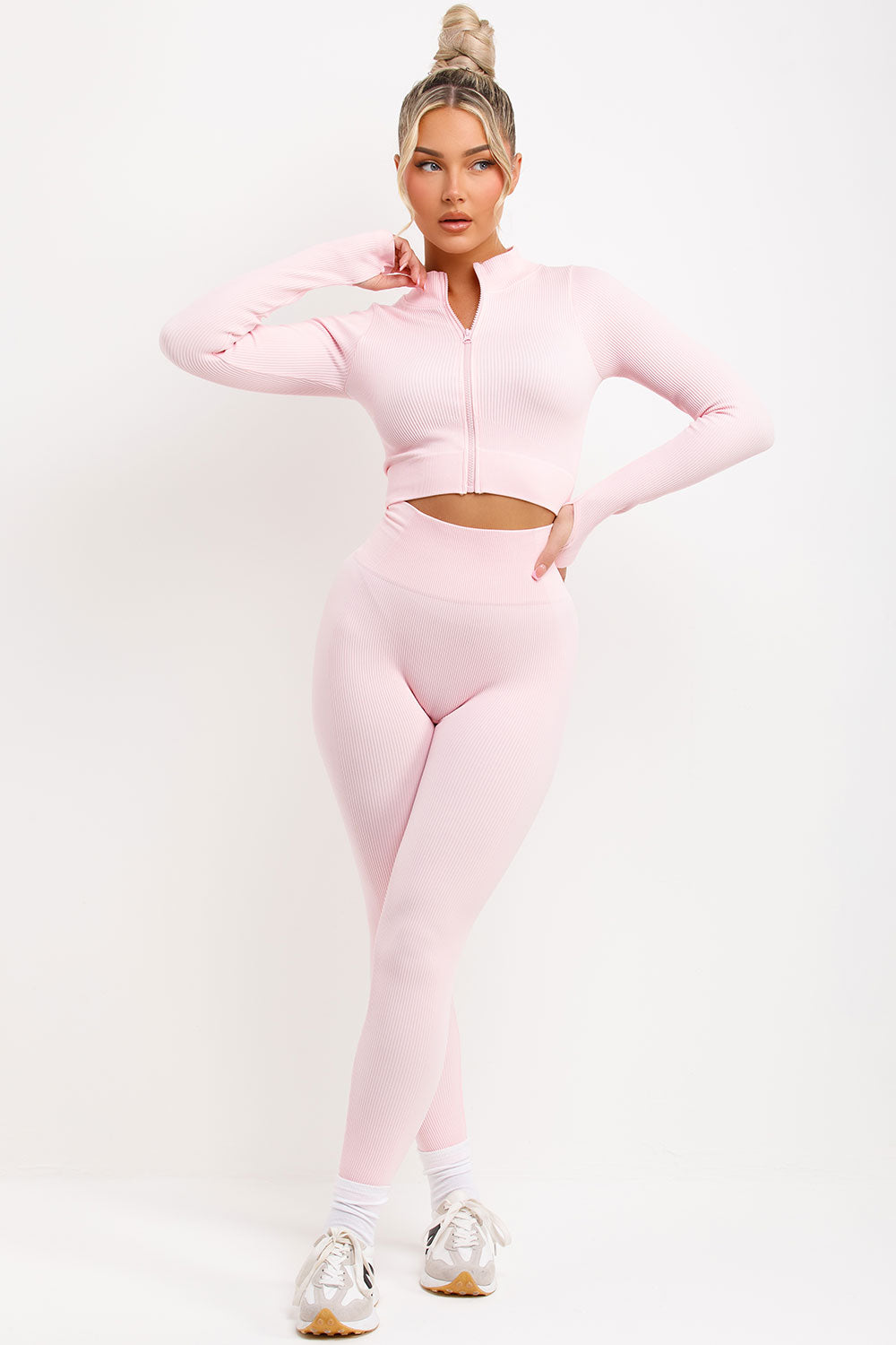 zip up ribbed long sleeve activewear jacket and ruched bum leggings two piece set