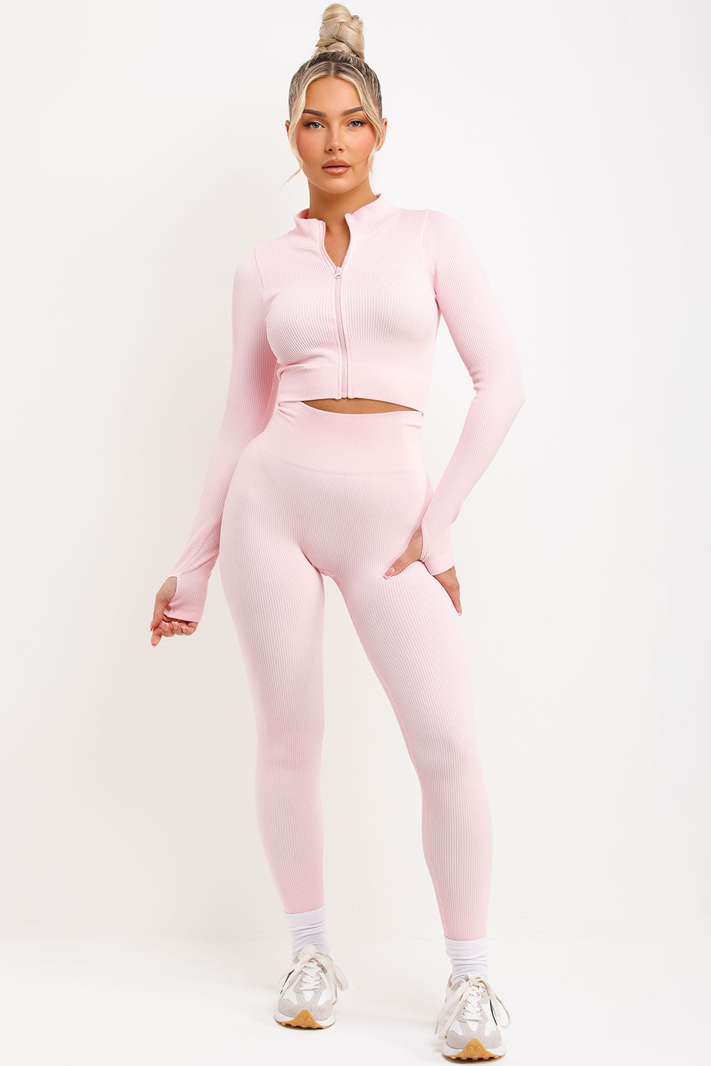 womens ribbed ruched bum leggings and zip up long sleeve activewear top