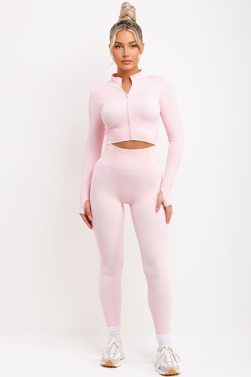 womens zip up long sleeve ribbed top and ruched bum high waisted leggings