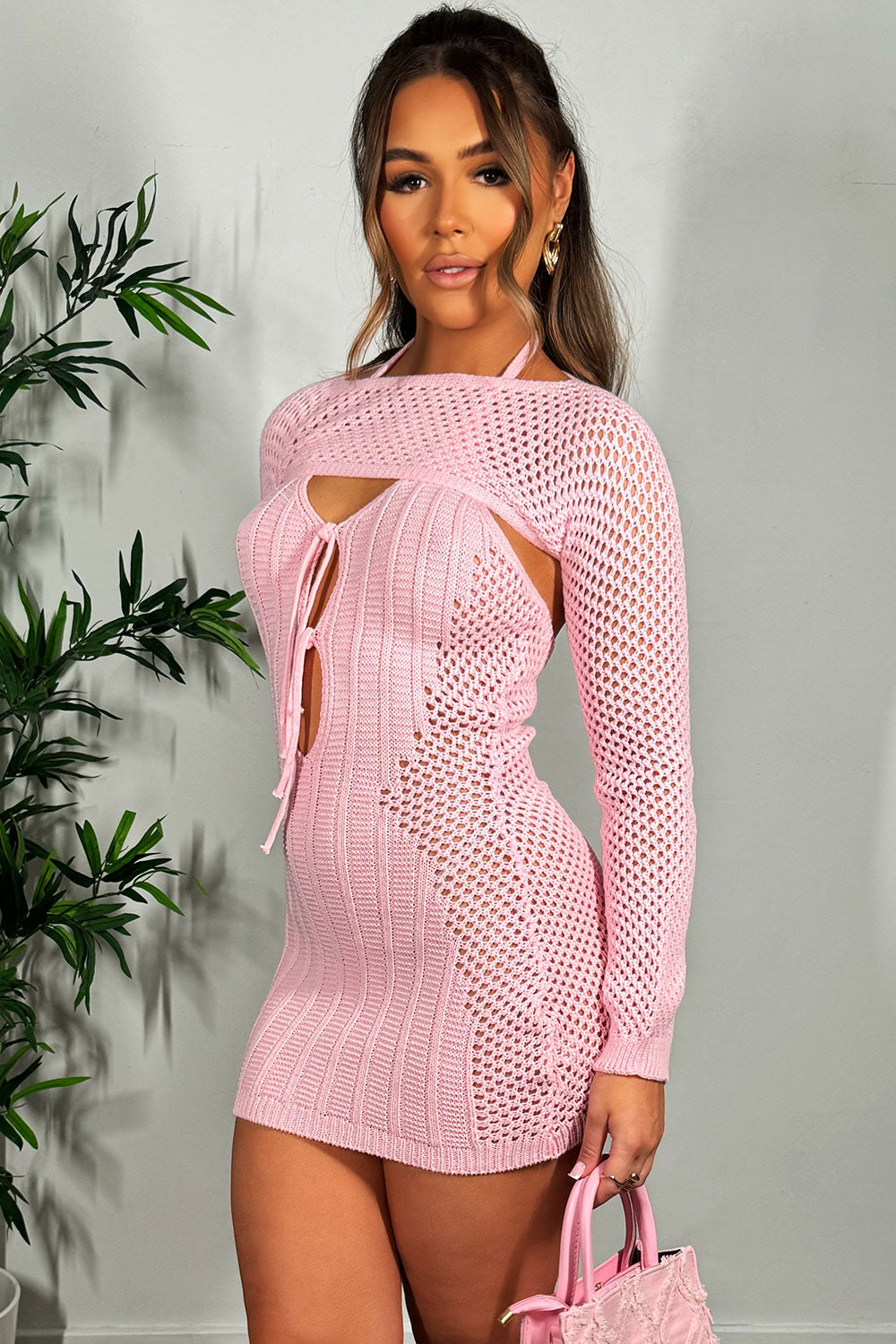 knitted crochet dress with detachable long sleeves