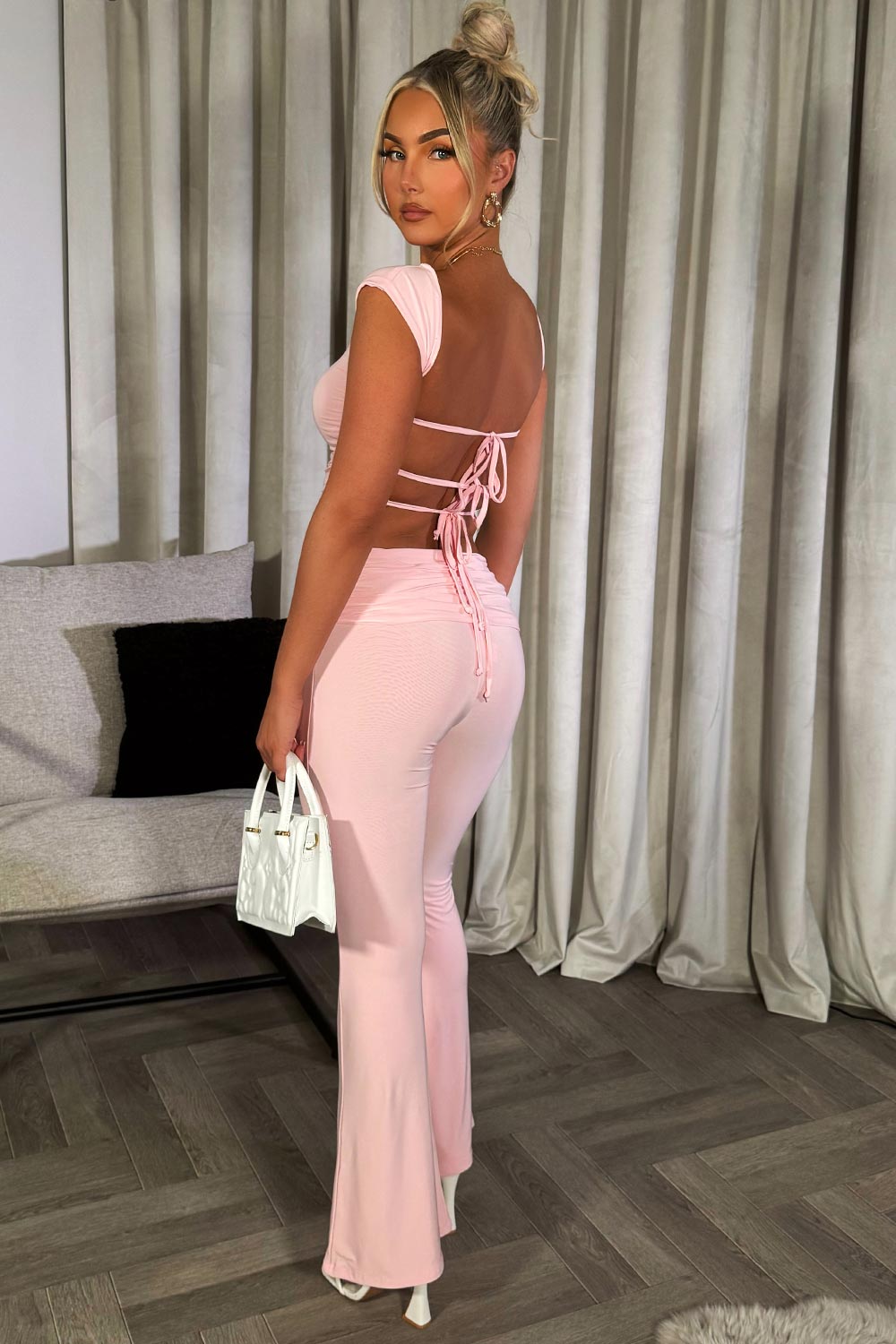 fold detail skinny flare trousers and backless crop top co ord set going out summer occasion outfit
