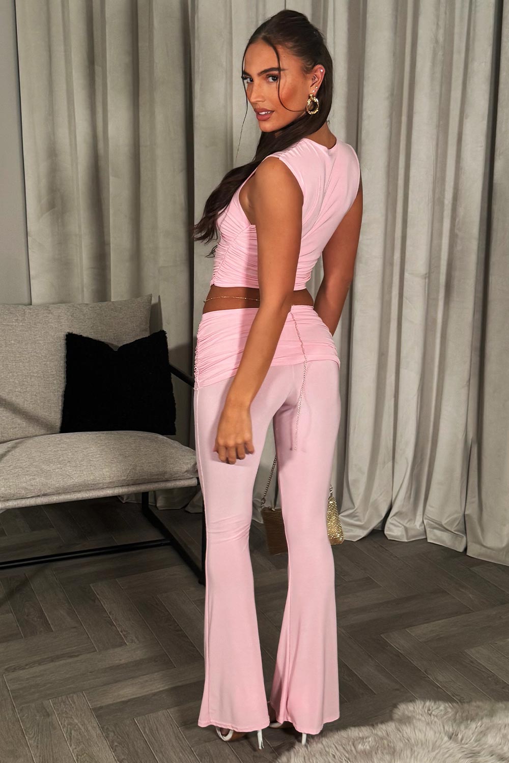 fold over waist skinny flared trousers and ruched crop top co ord set going out occasion outfit