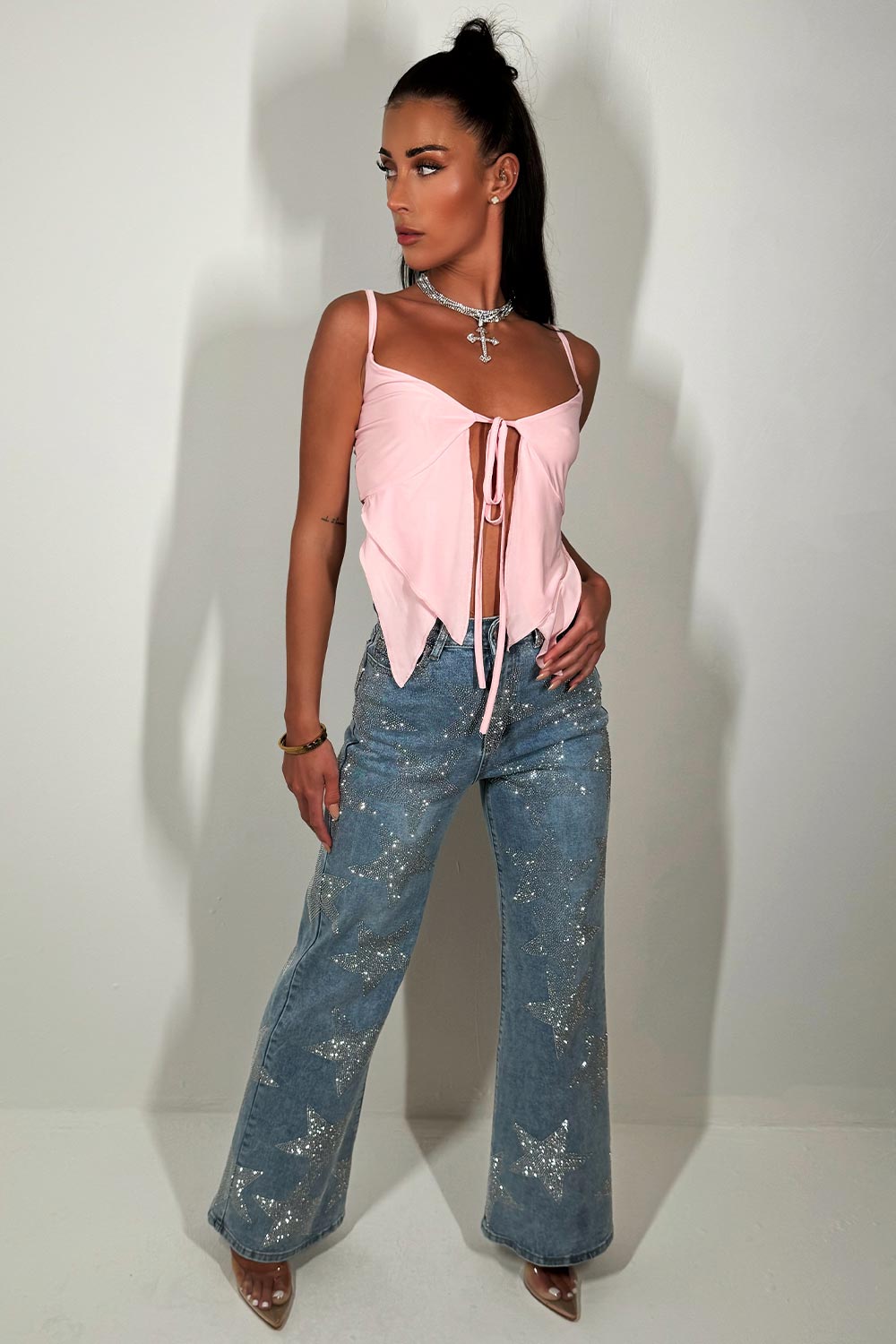 pink tie front bralette top festival going out outfit