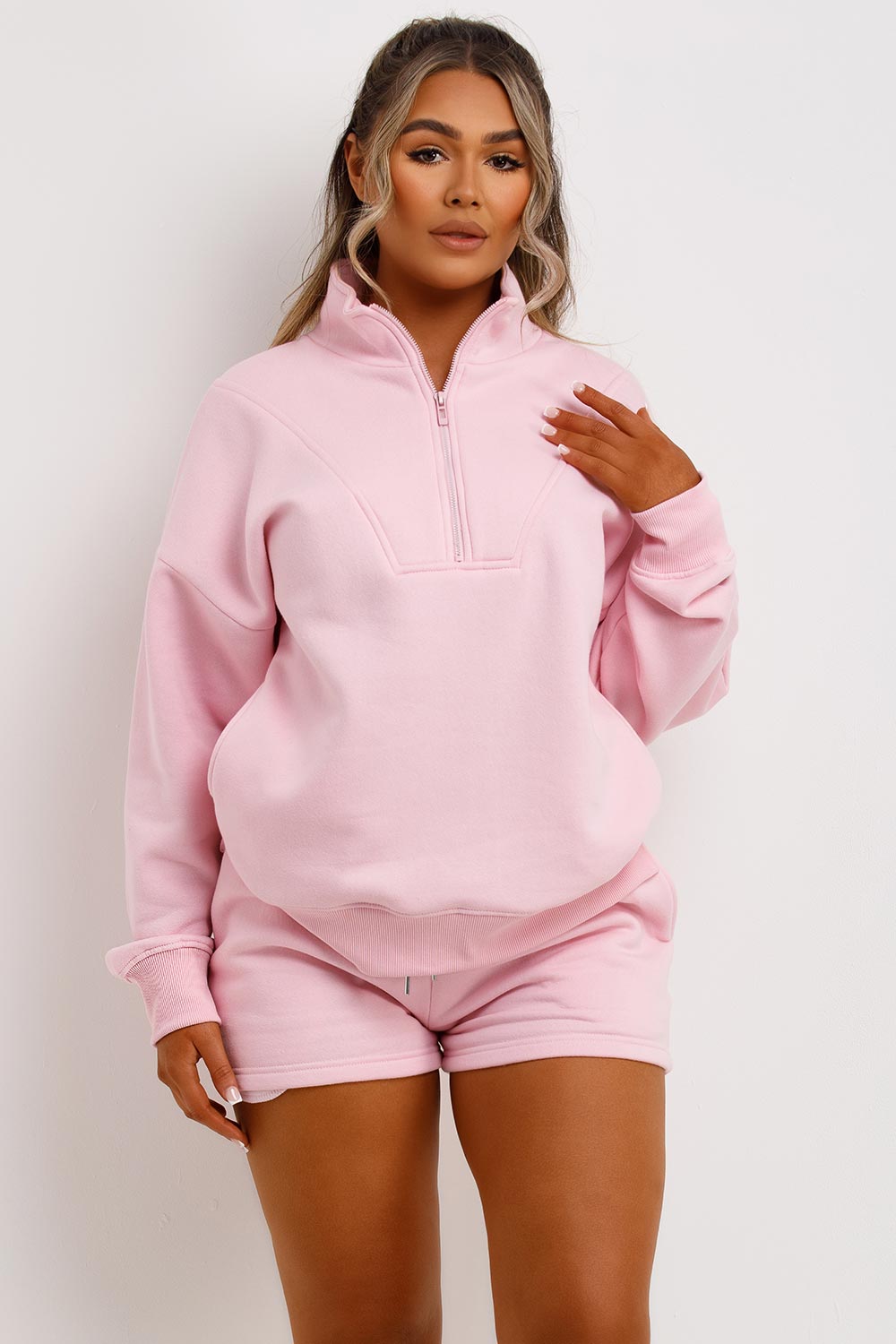 half zip sweatshirt and shorts two piece tracksuit airport outfit womens uk