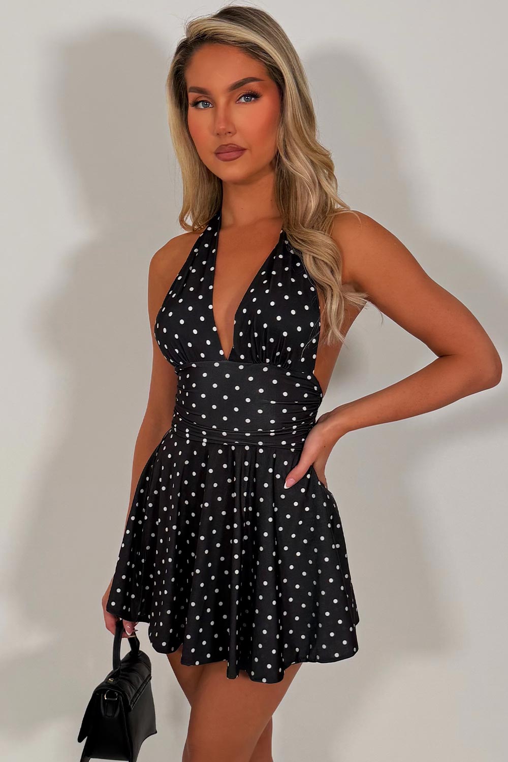polka dot mini dress halterneck backless going out summer holiday outfit styledup fashion white fox