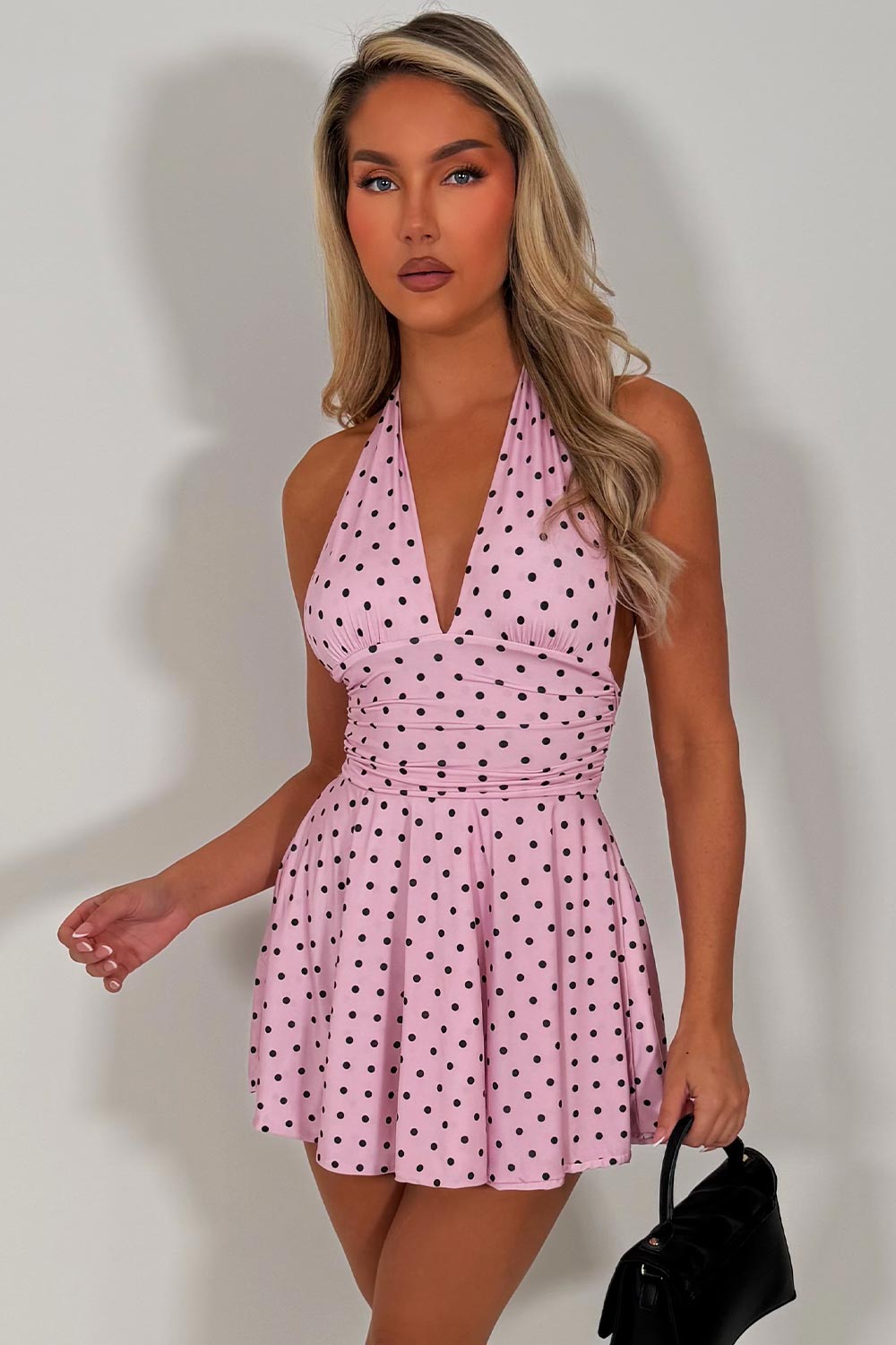 halterneck polka dot backless mini dress going out summer holiday outfit styledup white fox uk