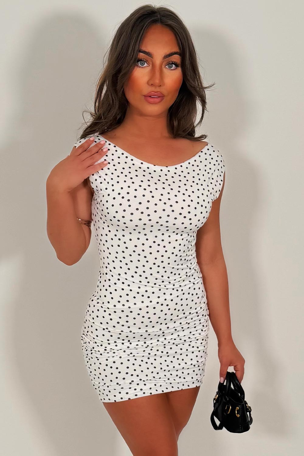 white polka dot mini dress backless bodycon going out summer party outfit styledup white fox uk