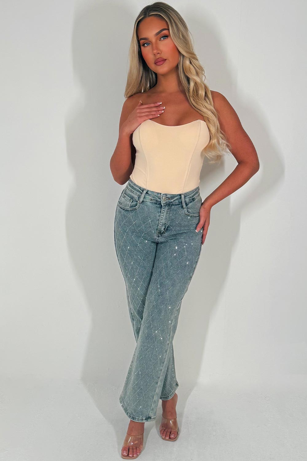 womens diamante rhinestone jeans denim blue