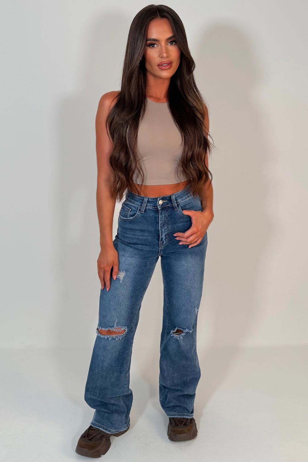 womens high waisted ripped knee jeans styledup uk