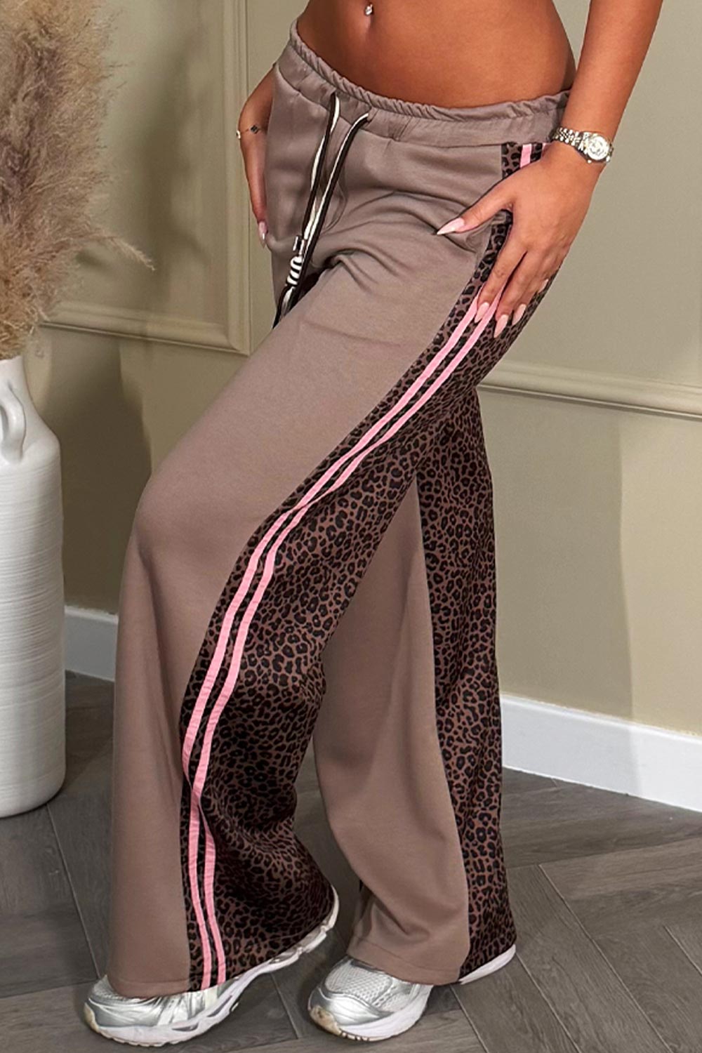 mocha wide leg joggers with leopard print back pink side stripes womens loungewear styledup
