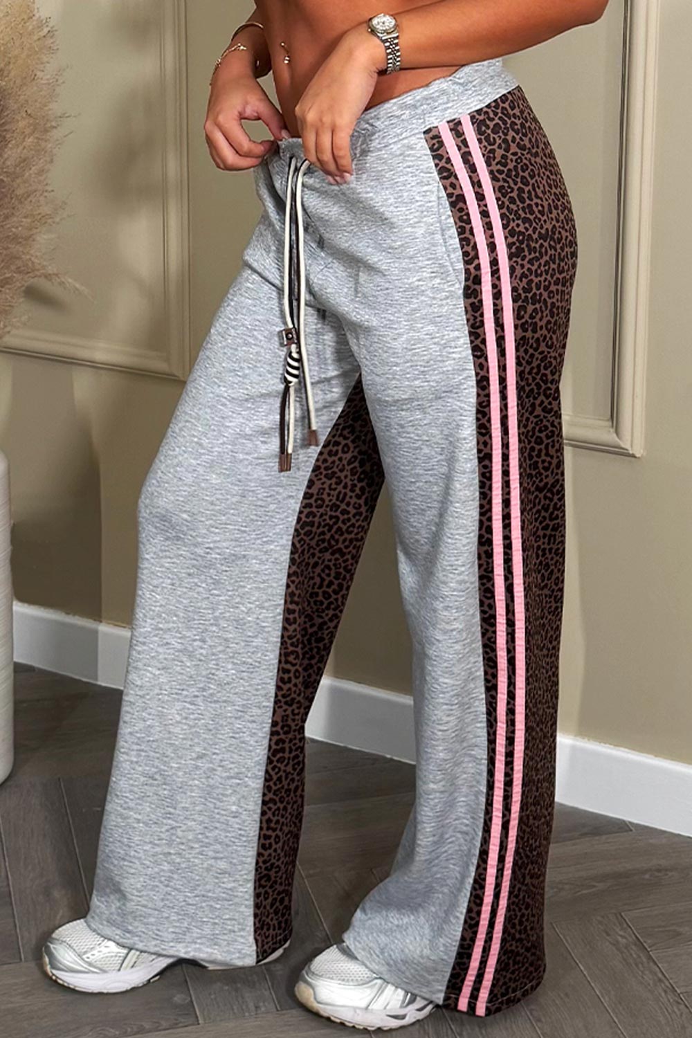 womens grey wide leg joggers with leopard print contrast and pink side stripes styledup
