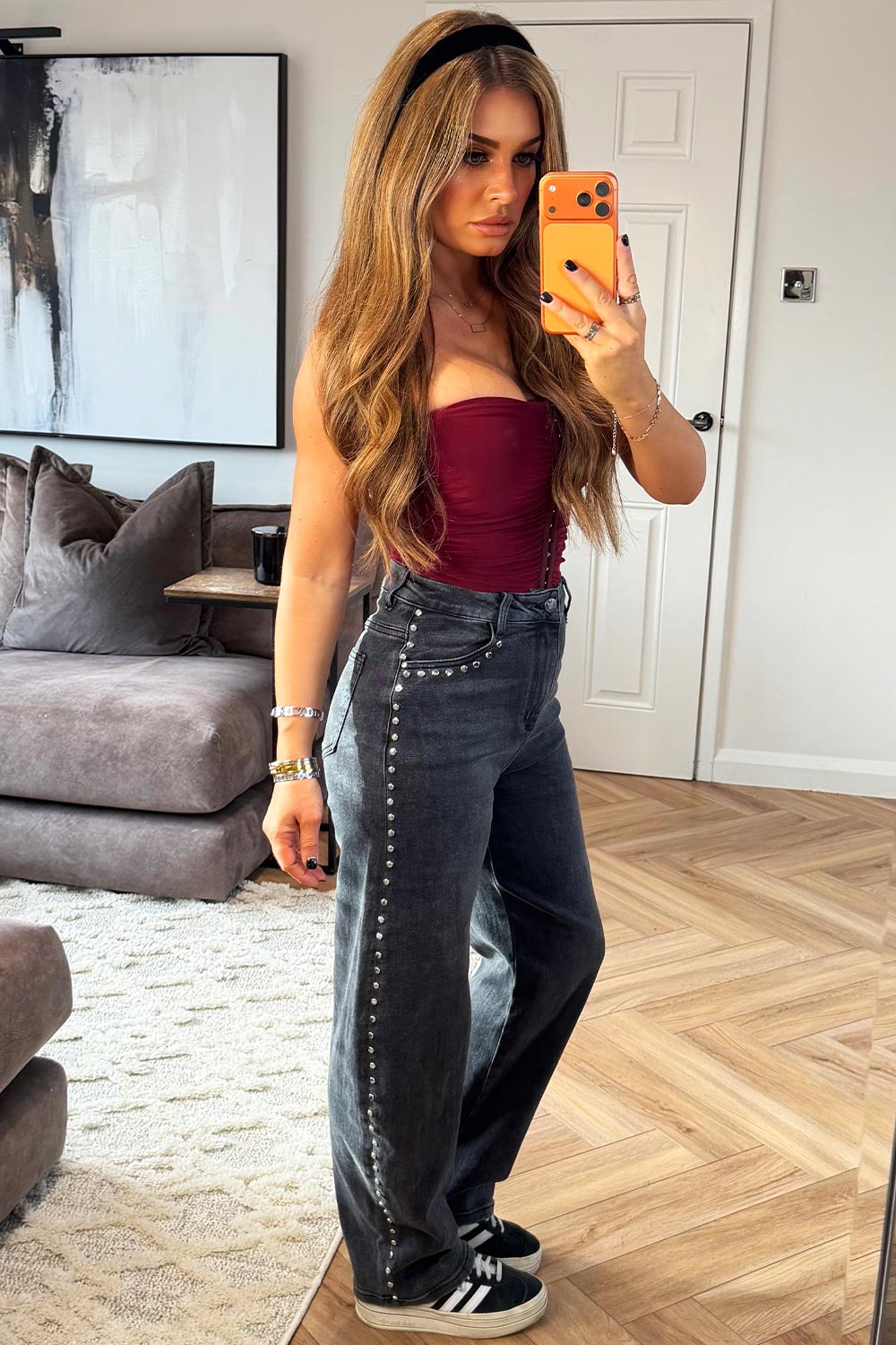 wide leg baggy jeans with studs on the sides womens denim styledup zara uk