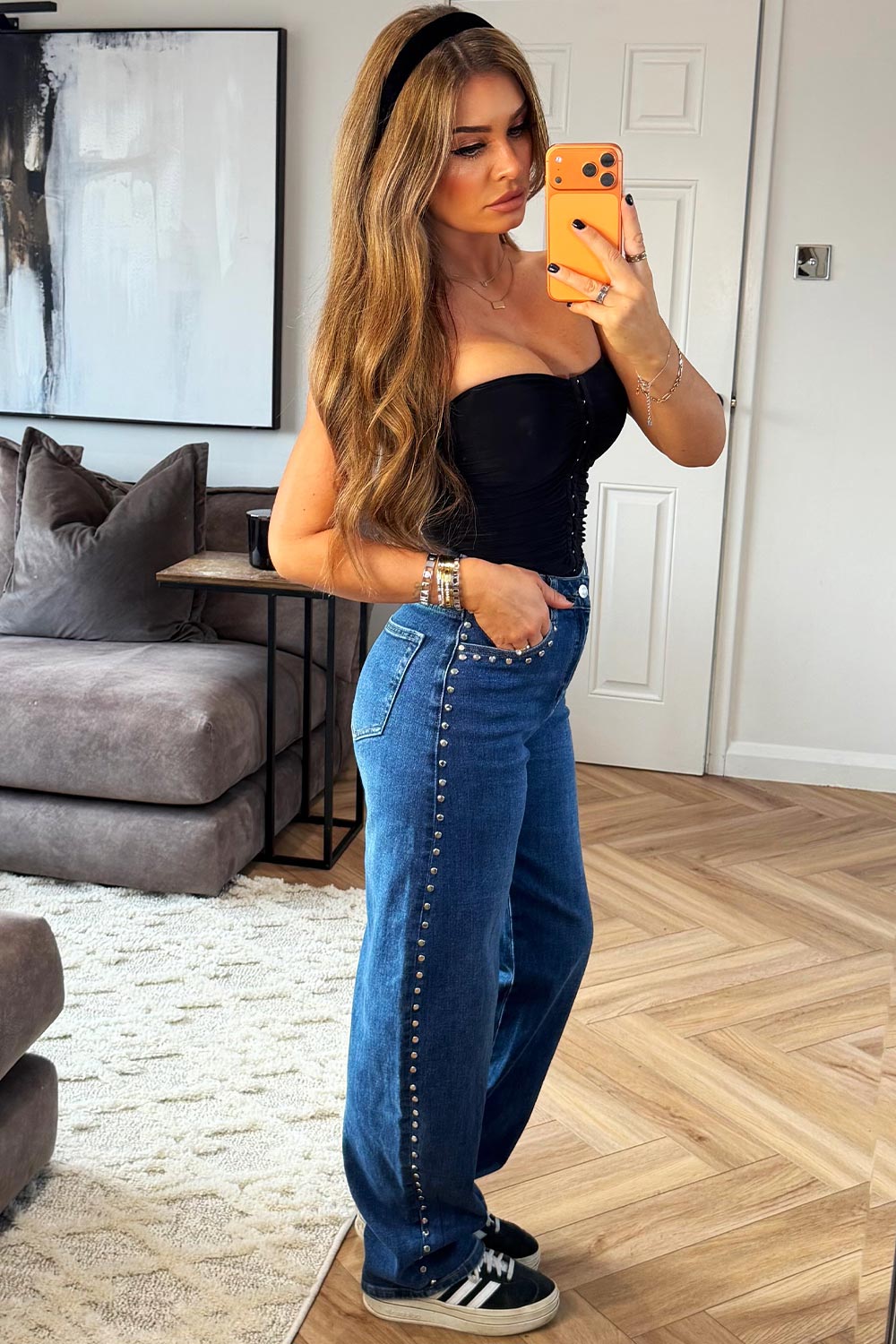 womens baggy jeans with studs wide legs relaxed fit denim blue styledup