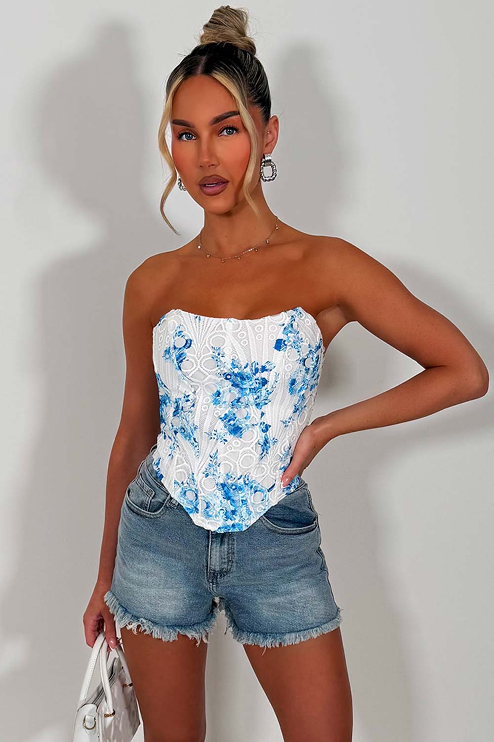 tie up back corset top floral white