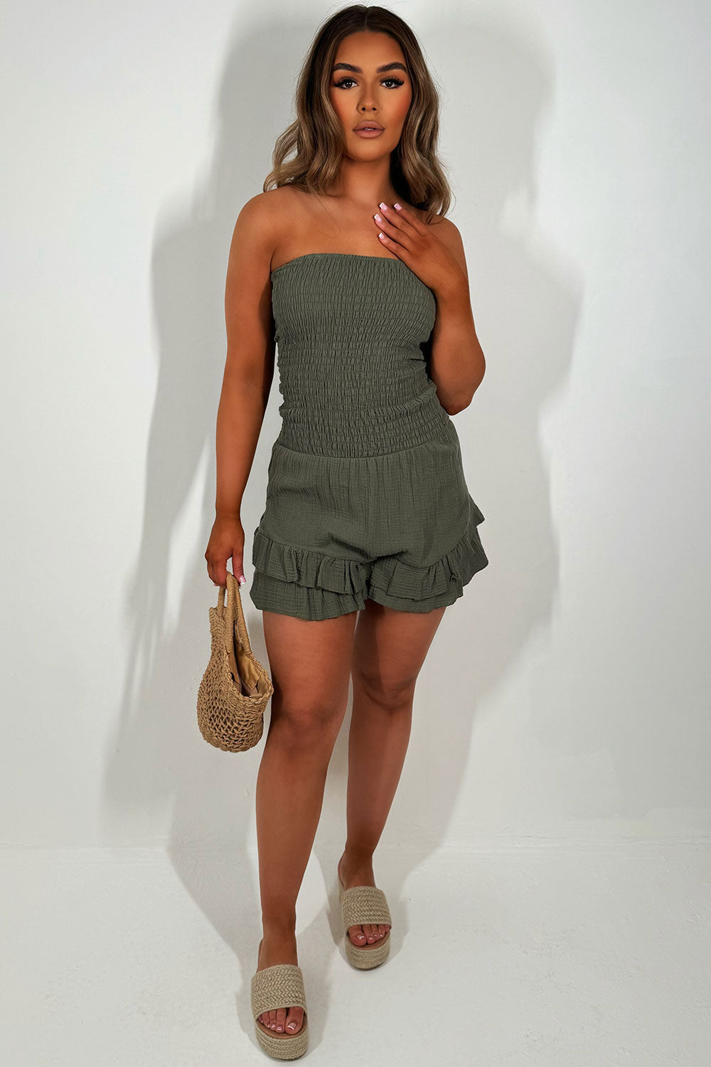 shirred bandeau frilly ruffle playsuit