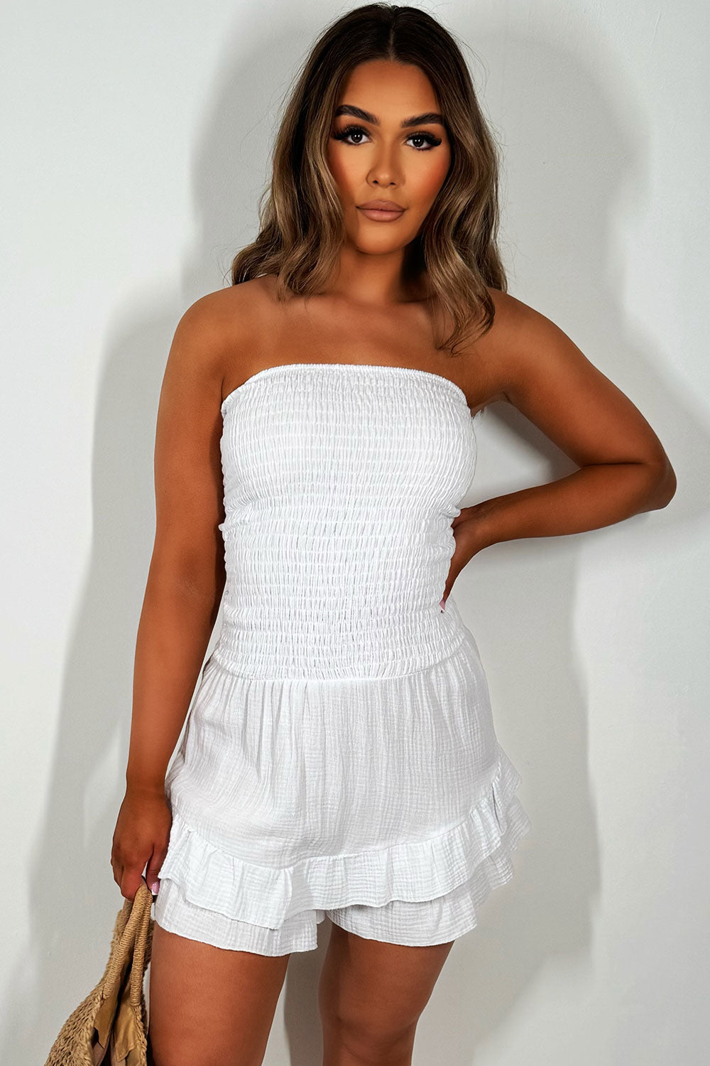 shirred bandeau playsuit in cheesecloth summer holiday outfit