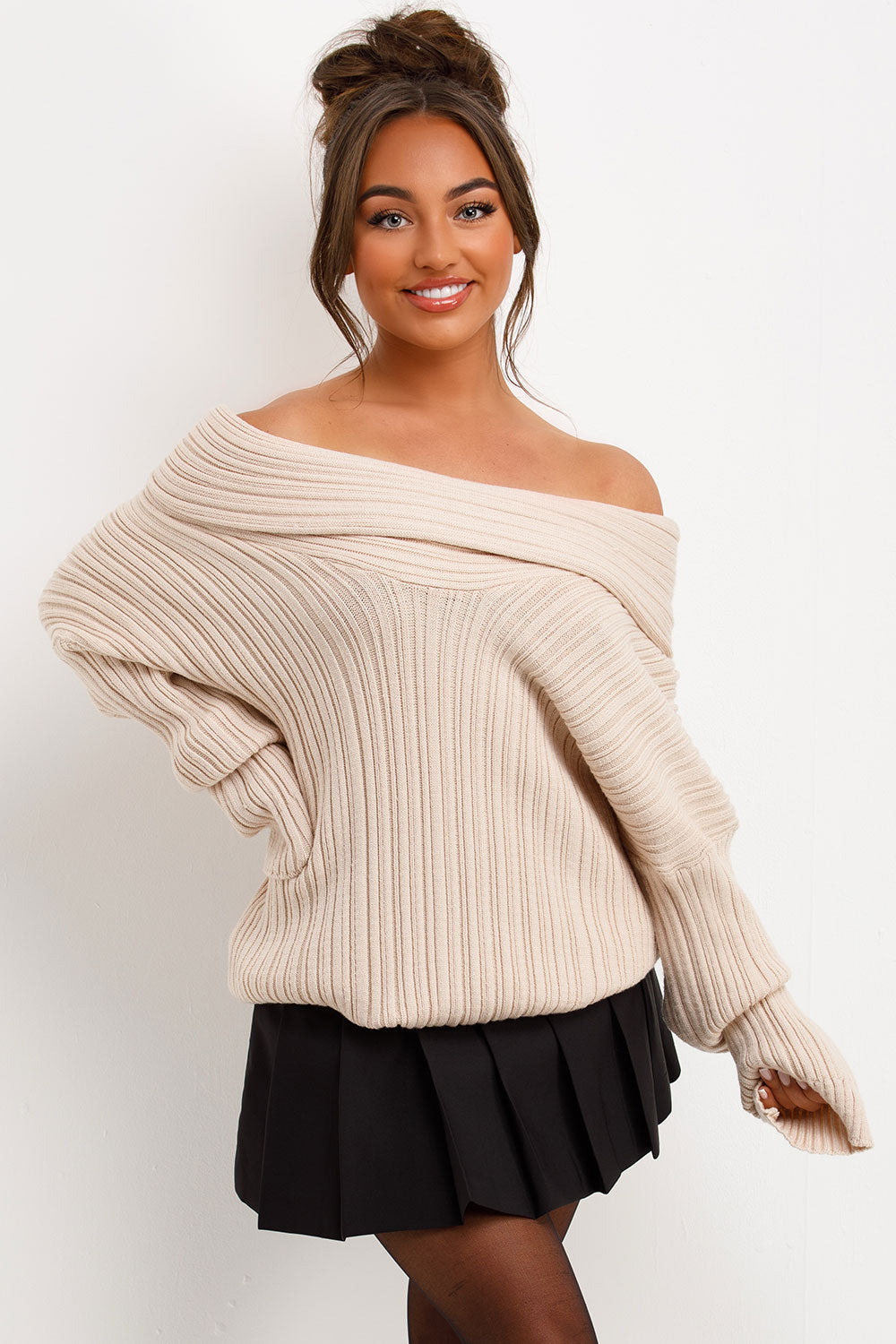 knitted jumper with off shoulder fold over detail burgundy