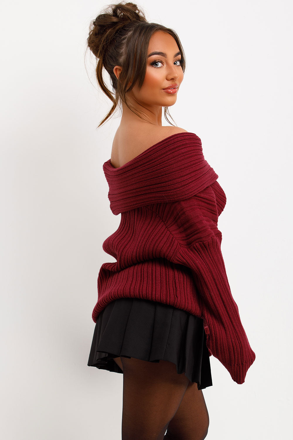 knitted long sleeve jumper with fold over off shoulder neckline