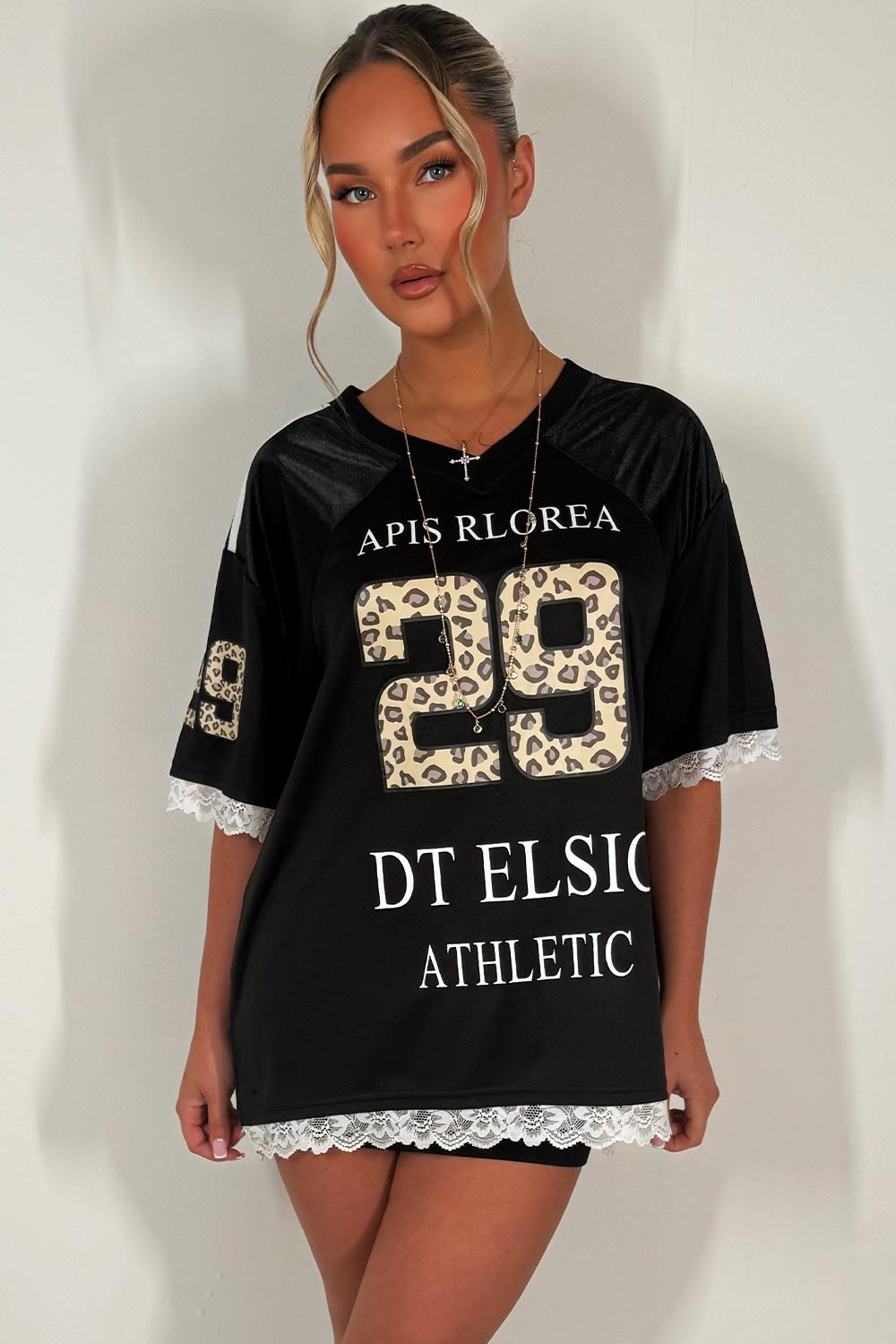 womens football jersey top with leopard print and lace trim festival outfit
