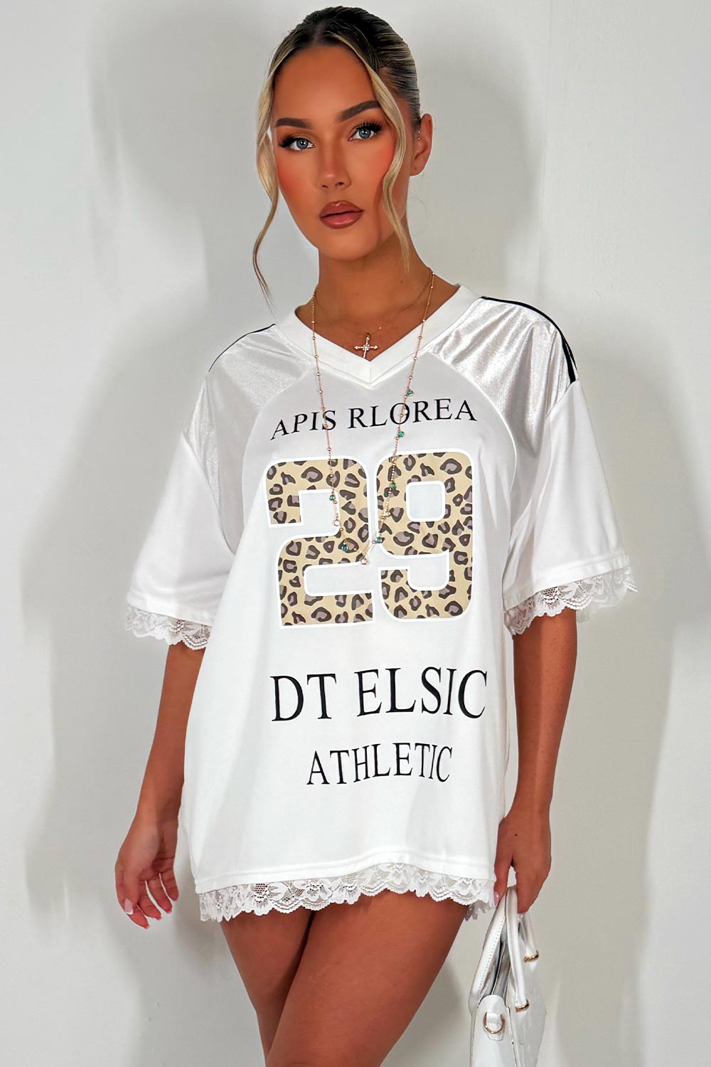 womens football jersey top with leopard print and lace trim festival outfit