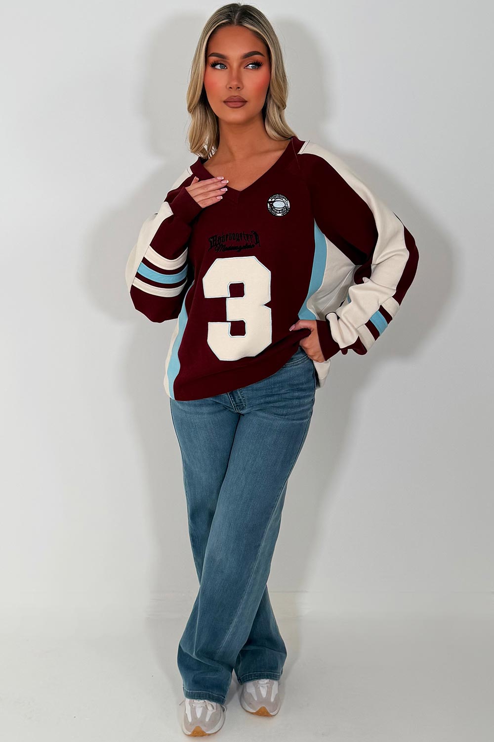 womens oversized sweatshirt athletic baseball jumper styled up