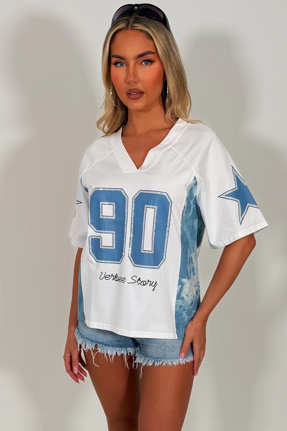 oversized football v neck top womens festival outfit styledup white fox uk