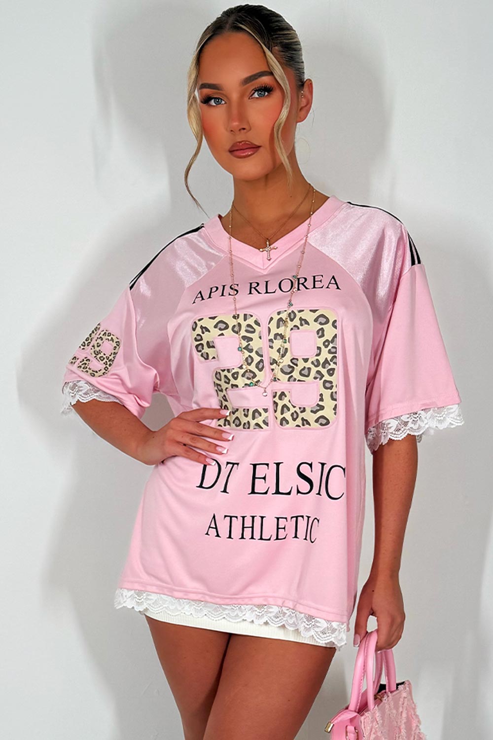 womens football jersey top with leopard print slogan and lace trim festival rave outfit