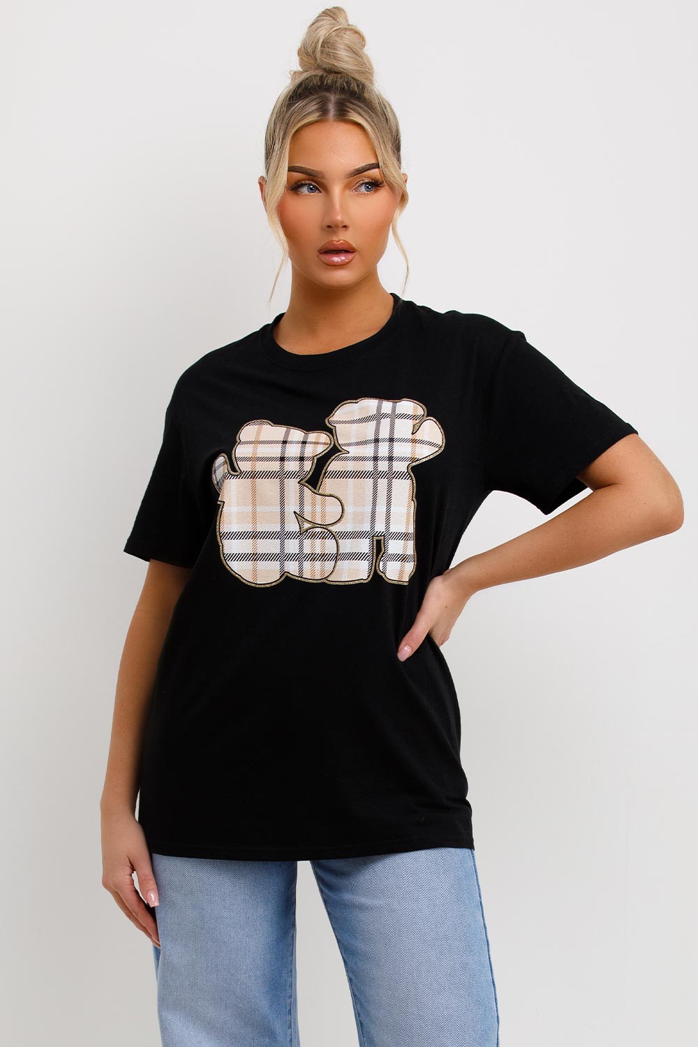 womens teddy bear print black t shirt