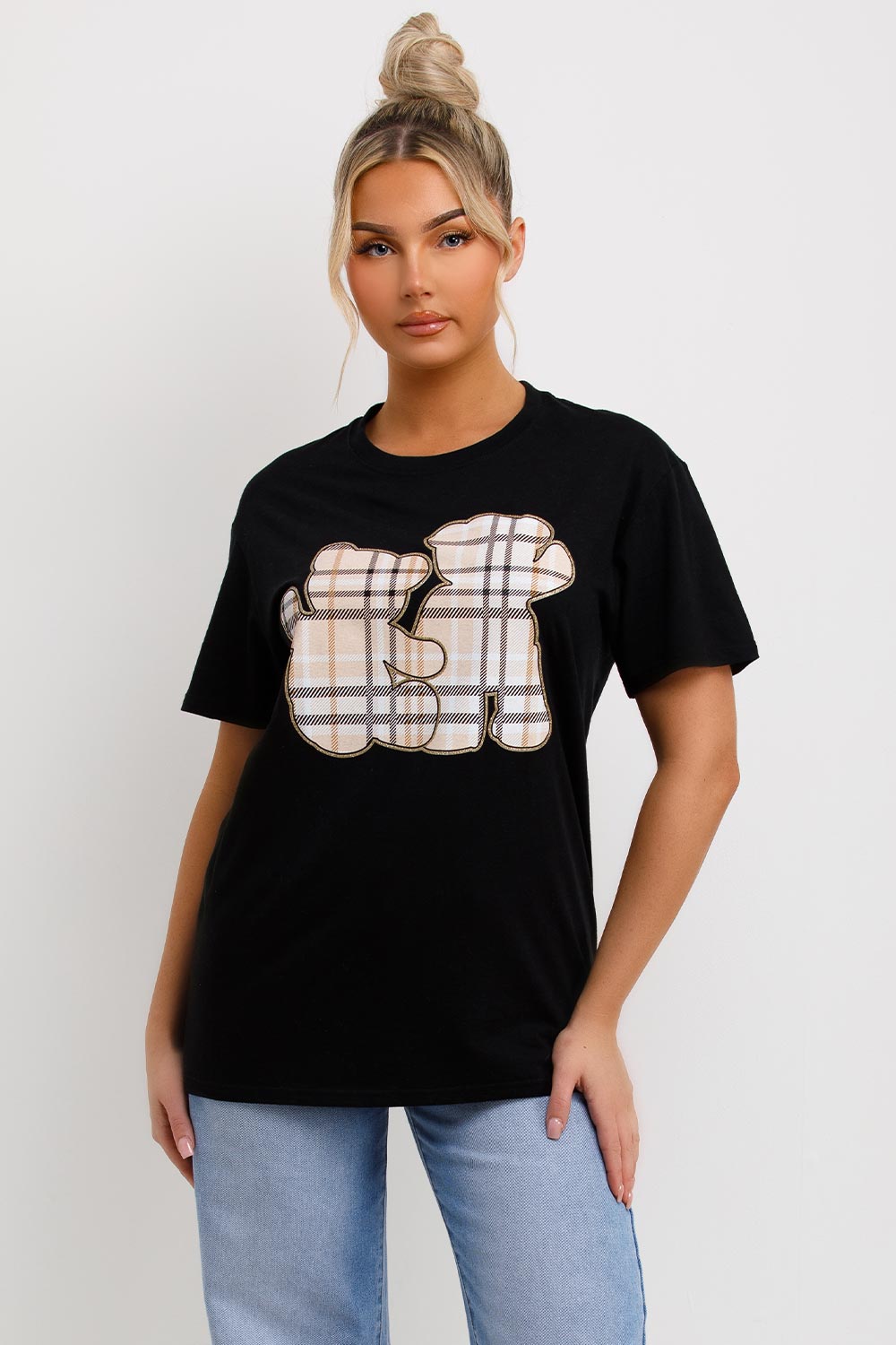 womens black t shirt with teddy bear print