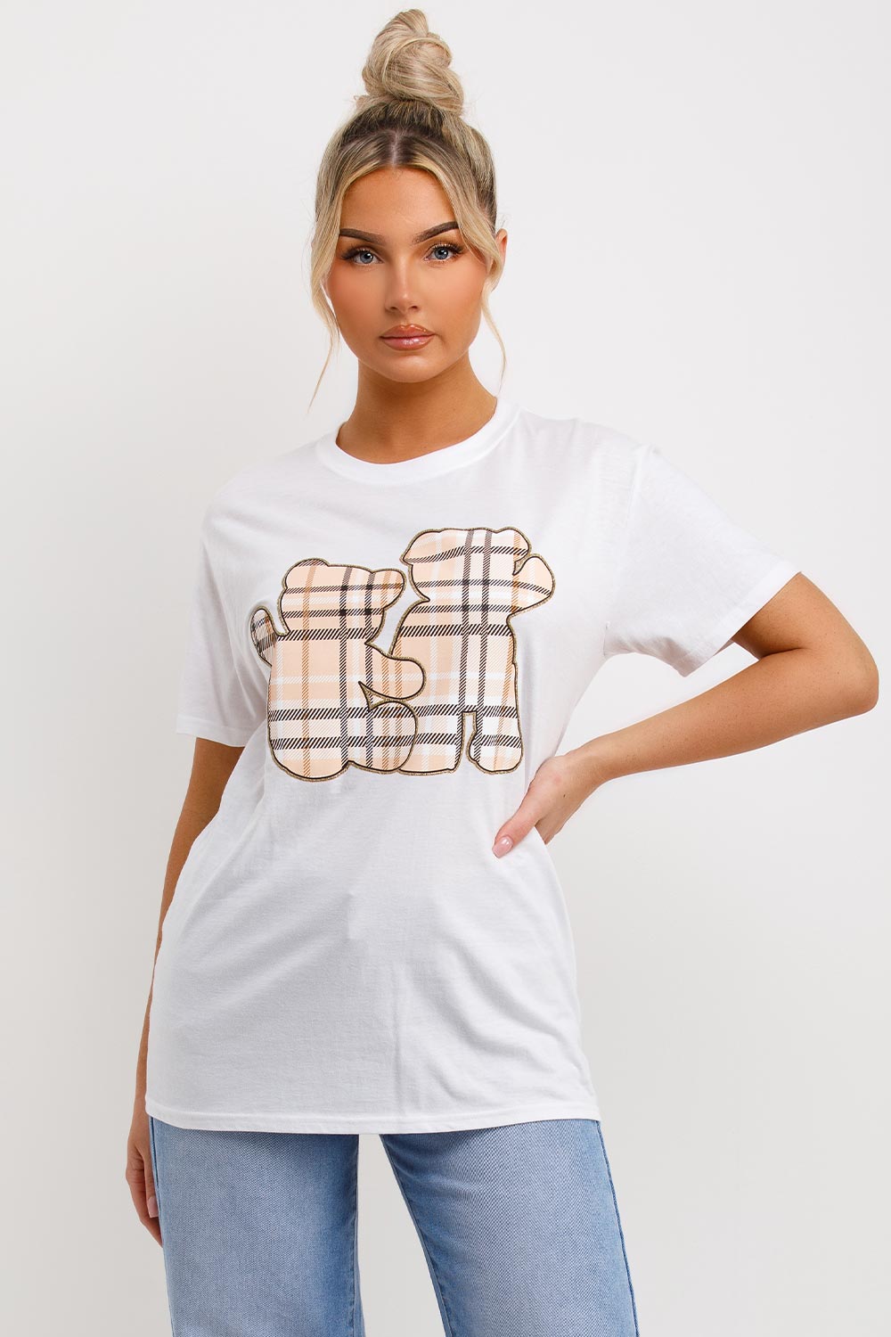 womens white teddy bear print t shirt