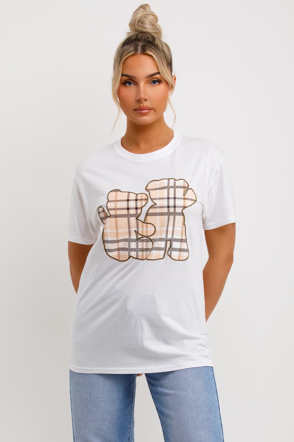 womens teddy bear print white t shirt