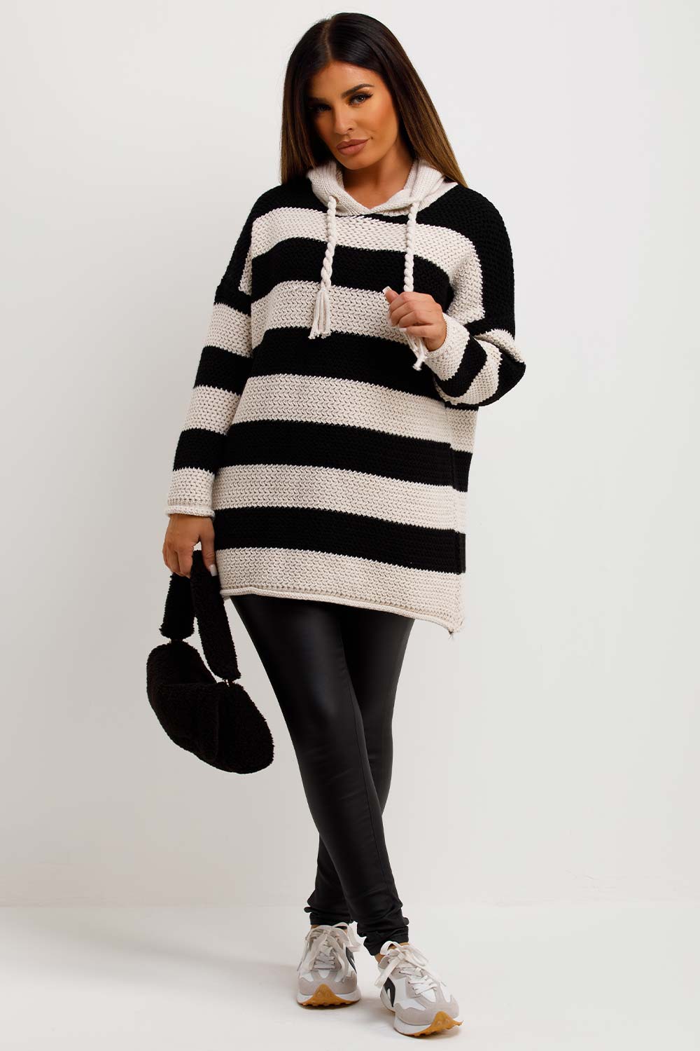 womens knitted hooded jumper beige