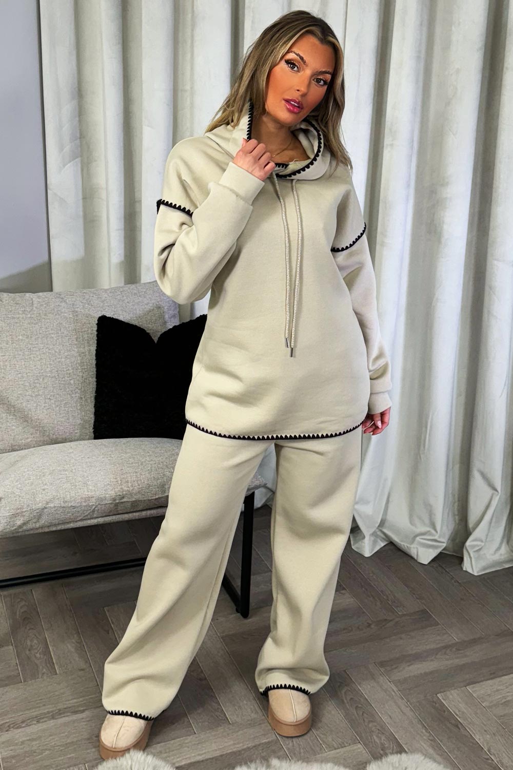 womens hoodie and straight leg joggers contrast stitch loungewear set