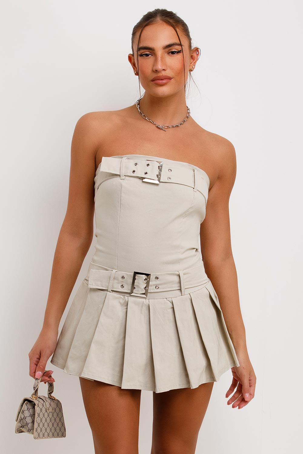 bandeau woven bengaline pleated skort dress with belt going out summer outfit