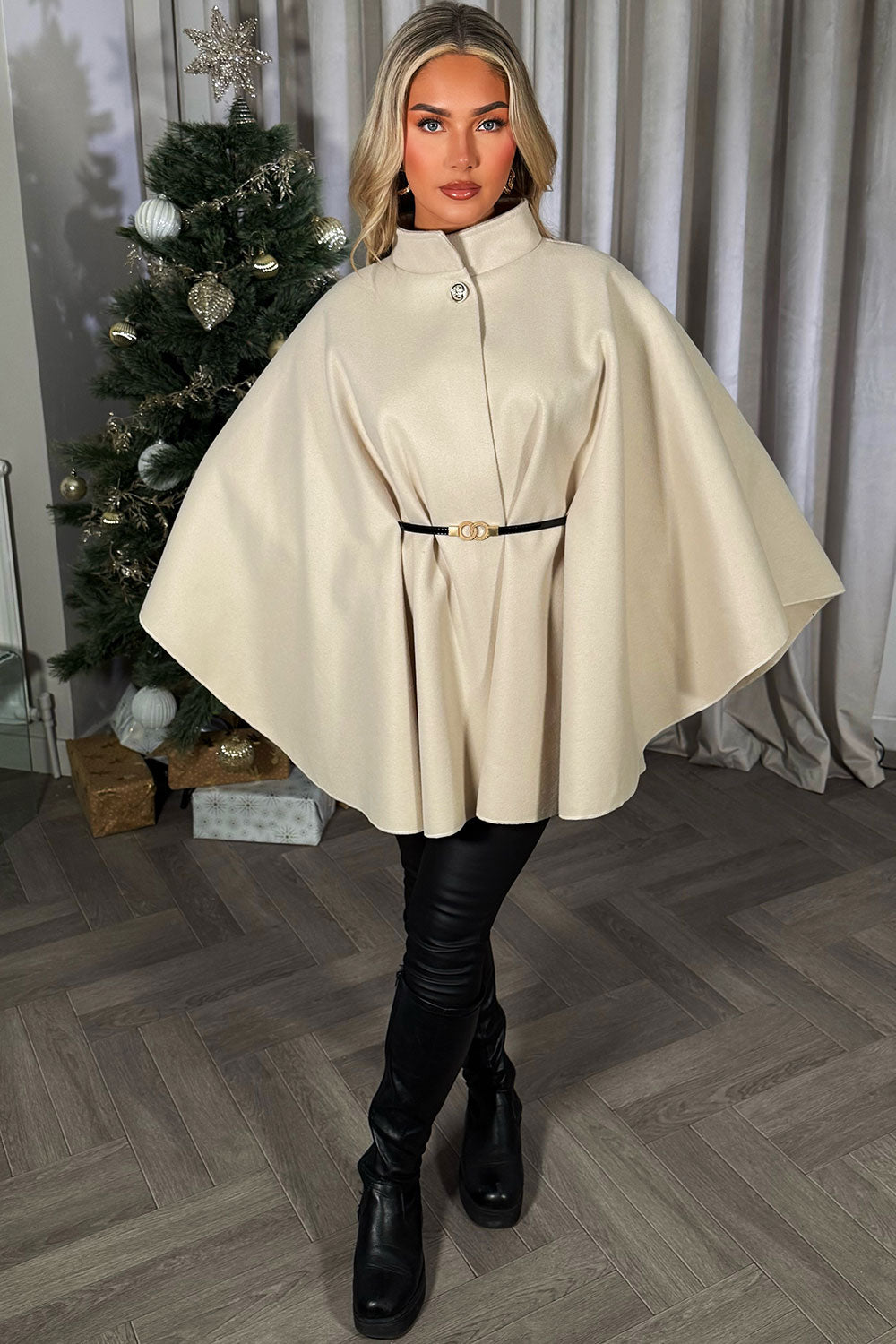 womens cape with belt and button fastening christmas day outfit styledup
