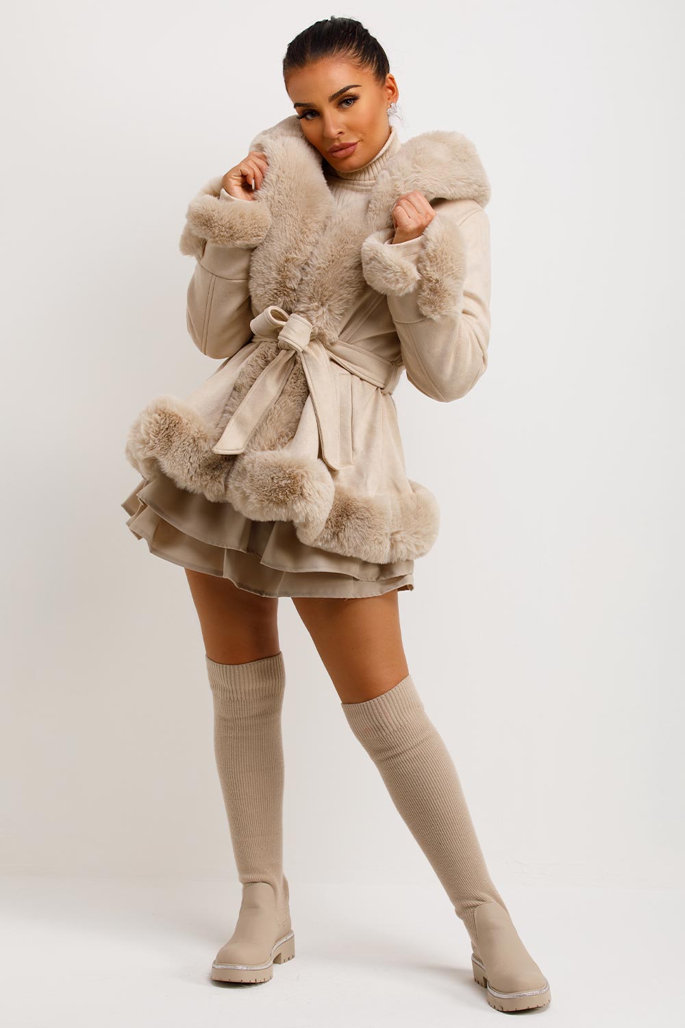 beige faux fur faux hood belted coat womens