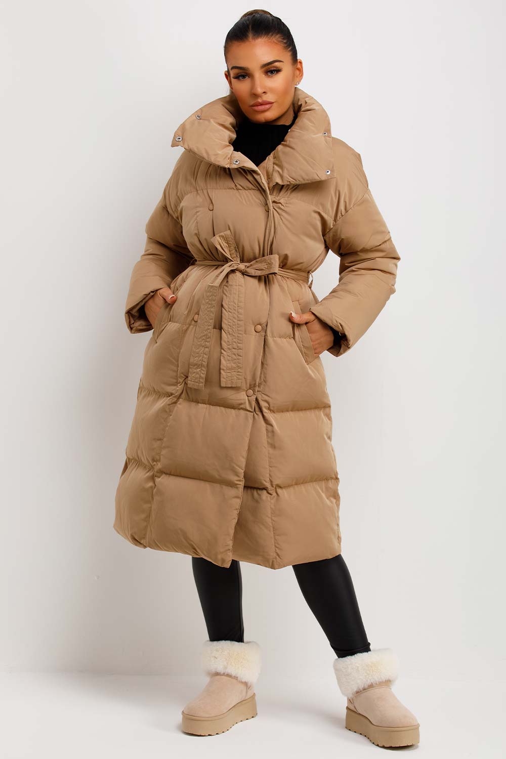 womens long puffer padded duvet coat with belt