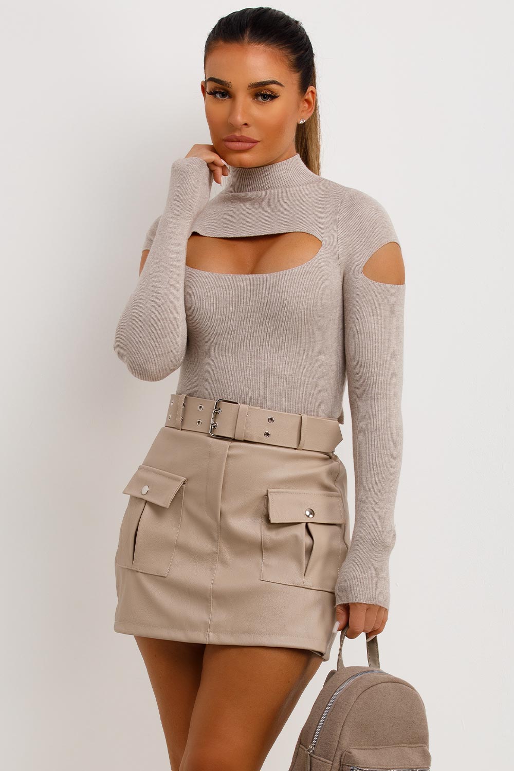 beige belted faux leather skorts going out outfit