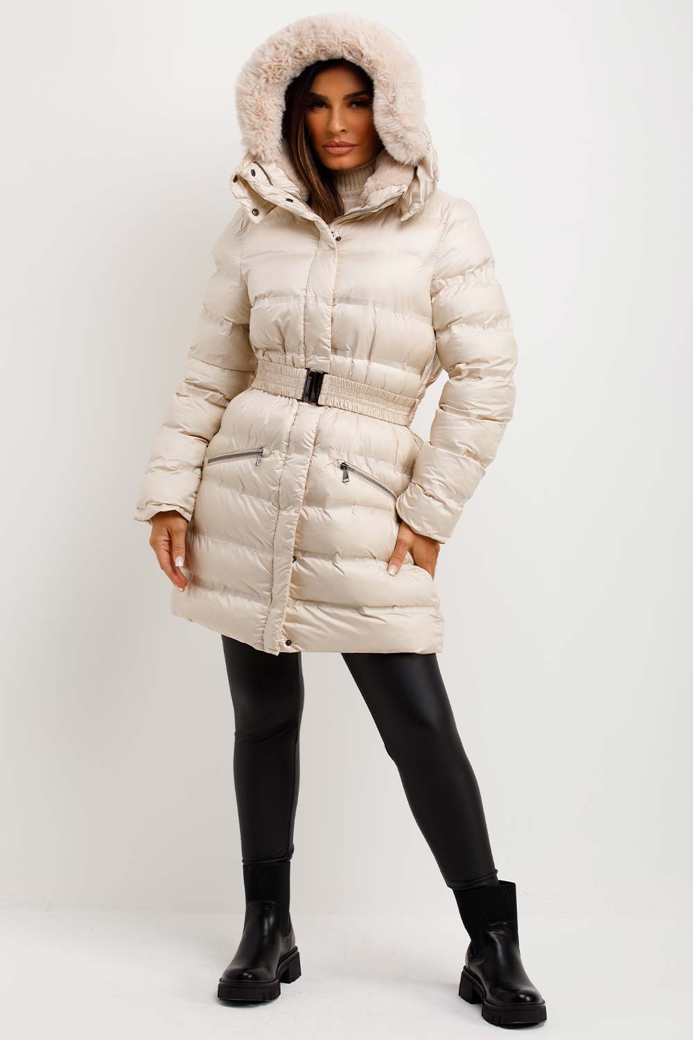 womens long puffer coat with fur hood beige outerwear