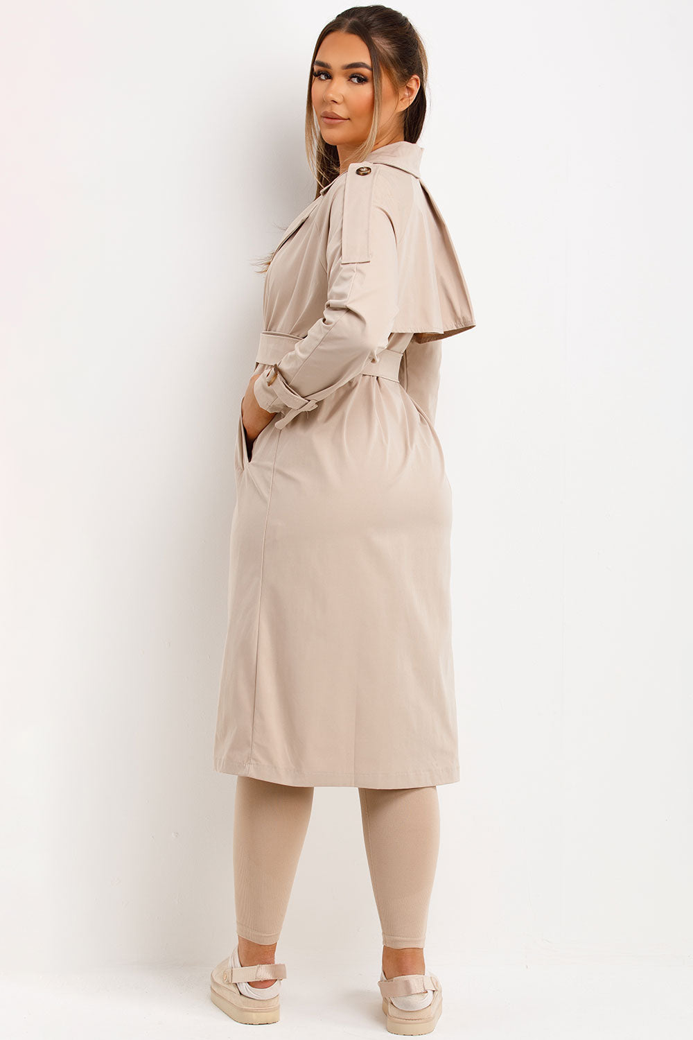 womens long trench coat with waist belt for sale