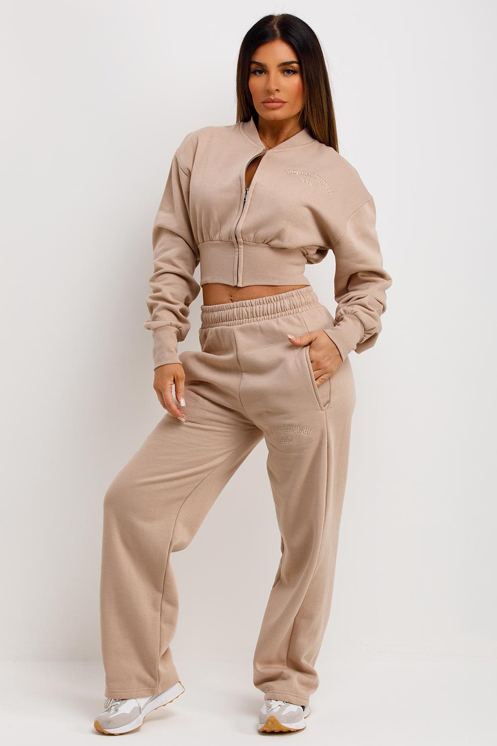 womens straight leg joggers and crop zipper jacket with san francisco embroidery