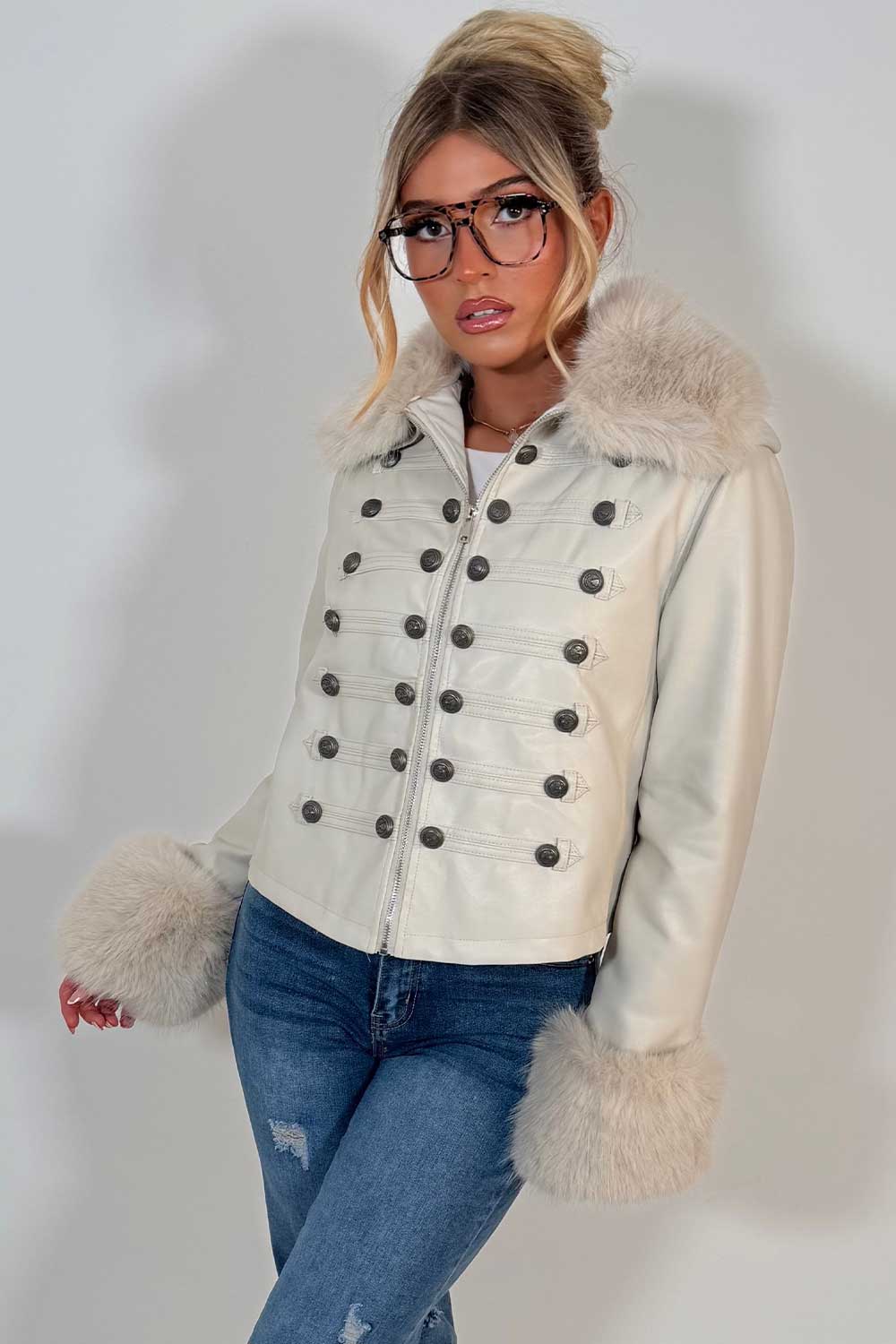 zara womens faux fur collar cuff faux leather military jacket uk