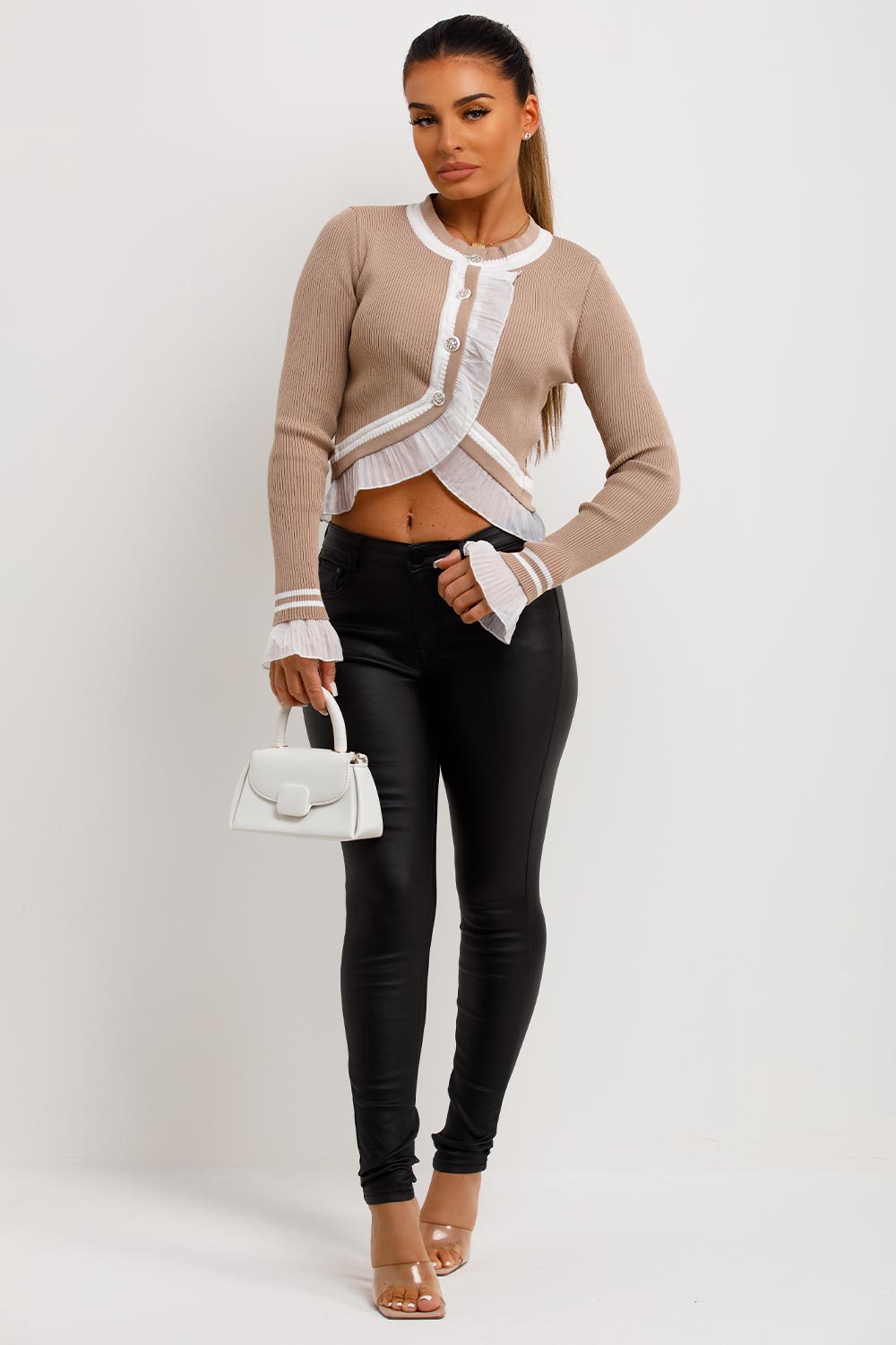 knitted long sleeve frilly jumper with buttons