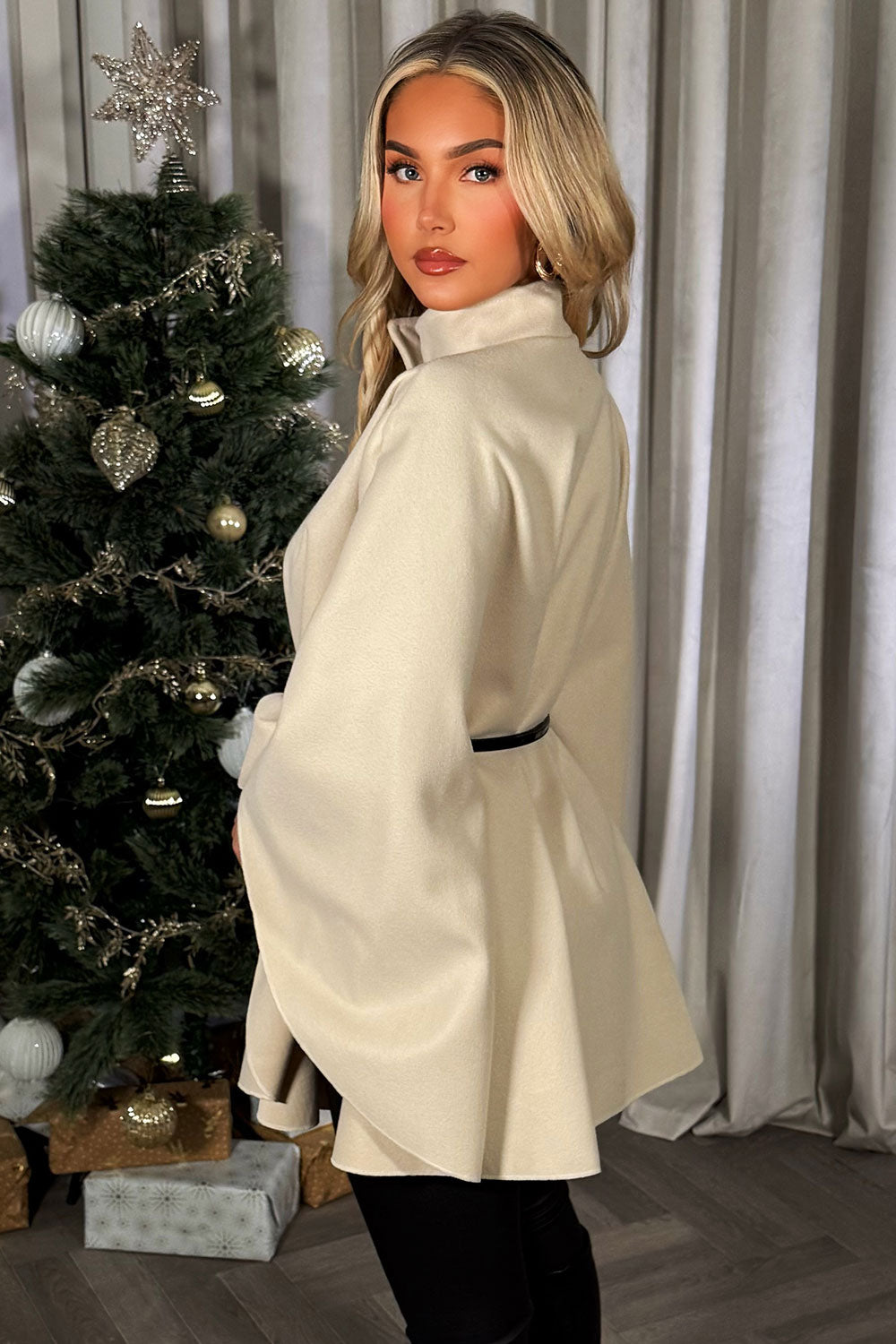 oversized cape with belt and button fastening styledup