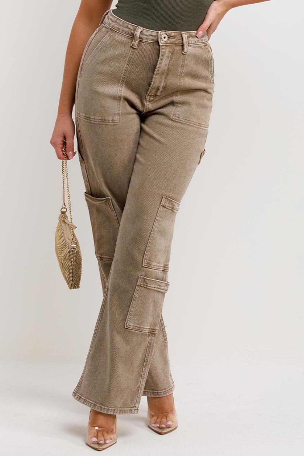 stone washed cargo jeans with pockets