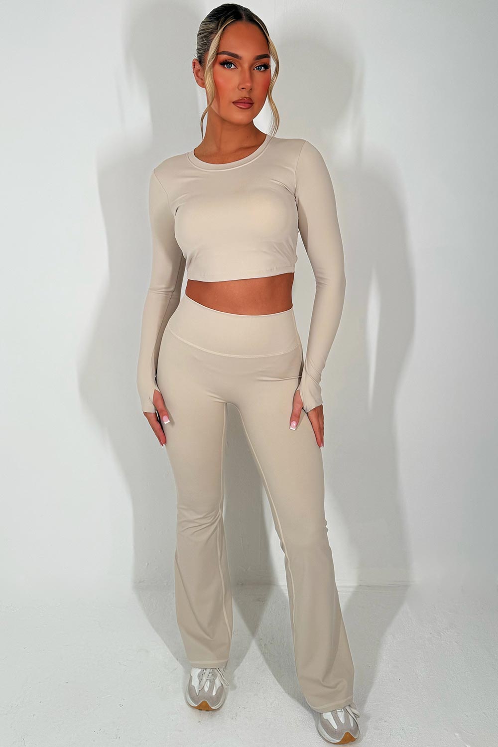 tie back backless crop top and high waist skinny flare trousers set womens gym outfit